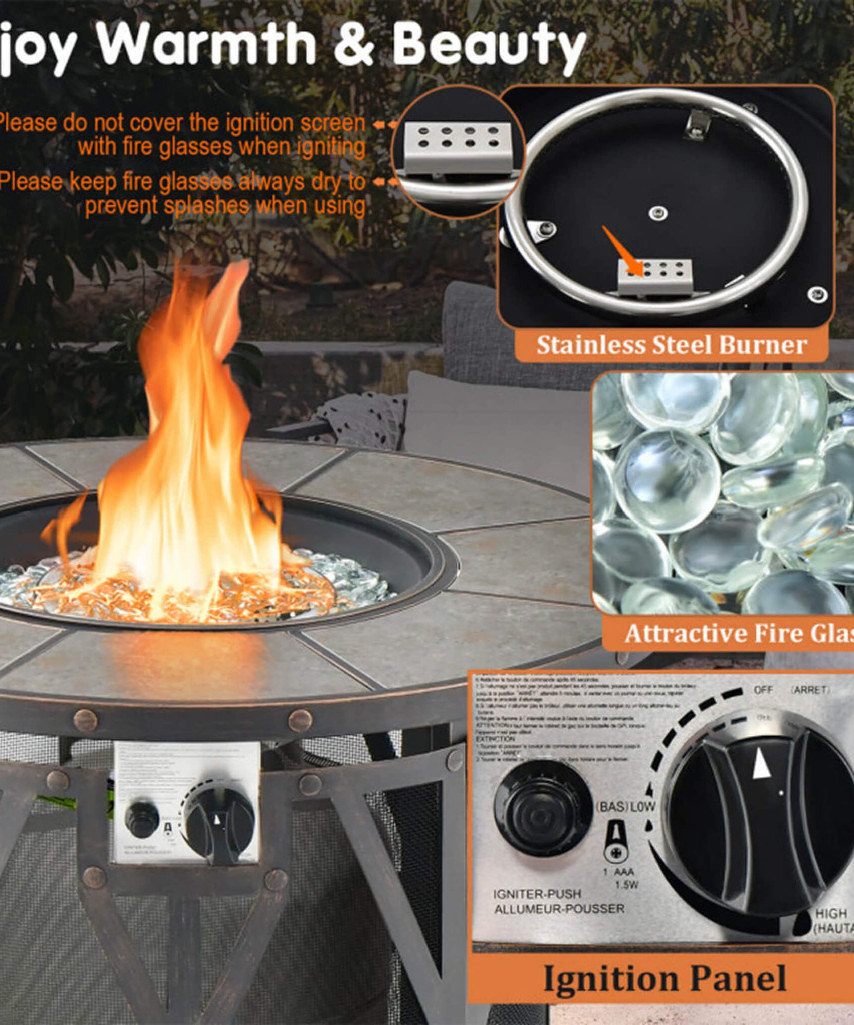 Alora 30-Inch 30K BTU Premium Outdoor Patio Gas Fire Pit Table With Fire Glass And Cover (SAK17432)