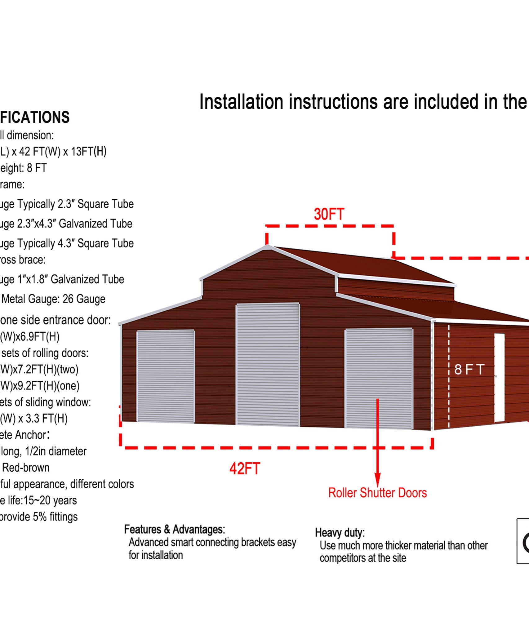 [30X42FT] Heavy-Duty All-Weather 3-Garage Galvanized Steel Storage Shed (SAK18765)