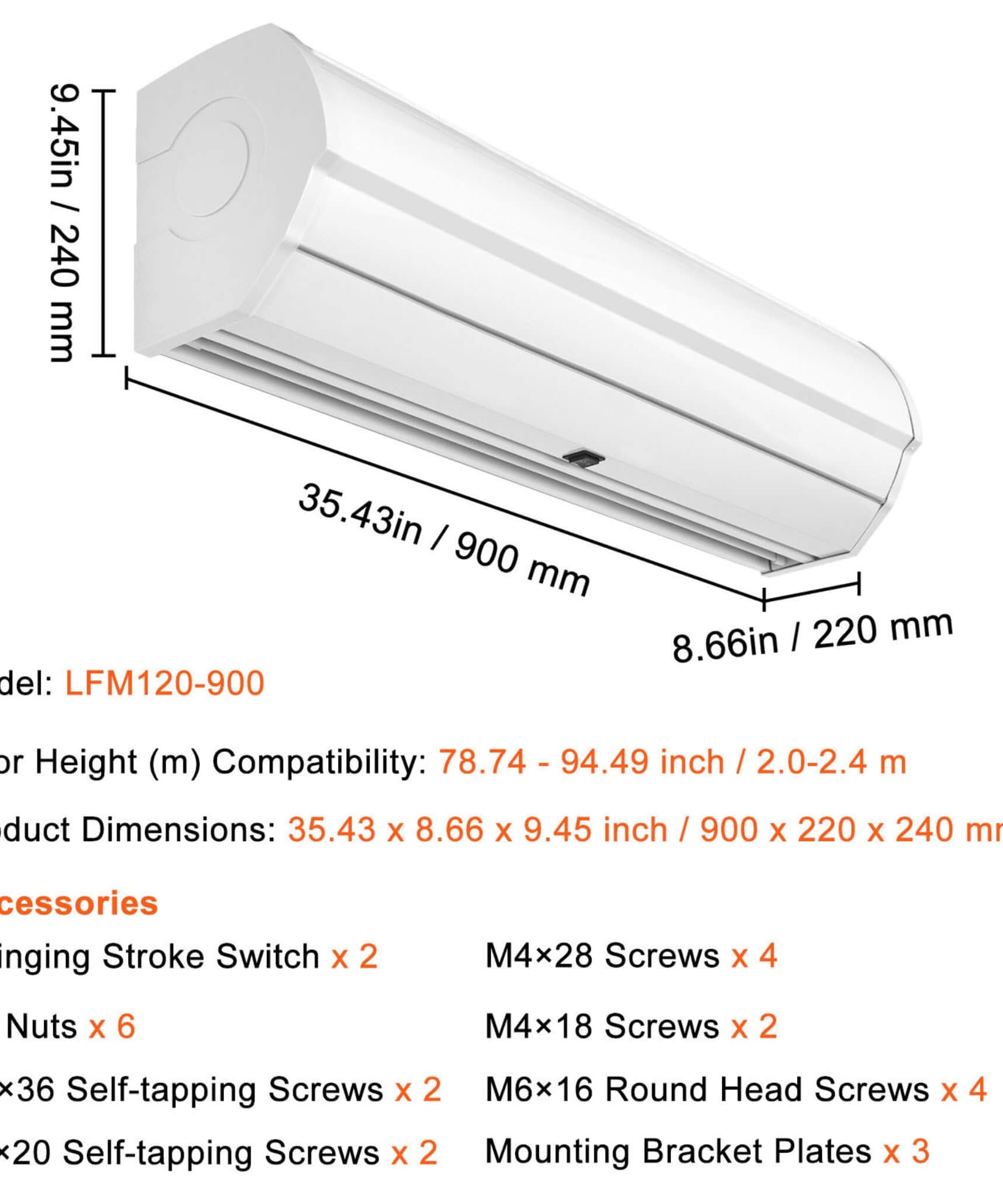 36-Inch 110V Commercial 2-Speed 900CFM Indoor Wall-Mounted Air Curtain (SAK63471)