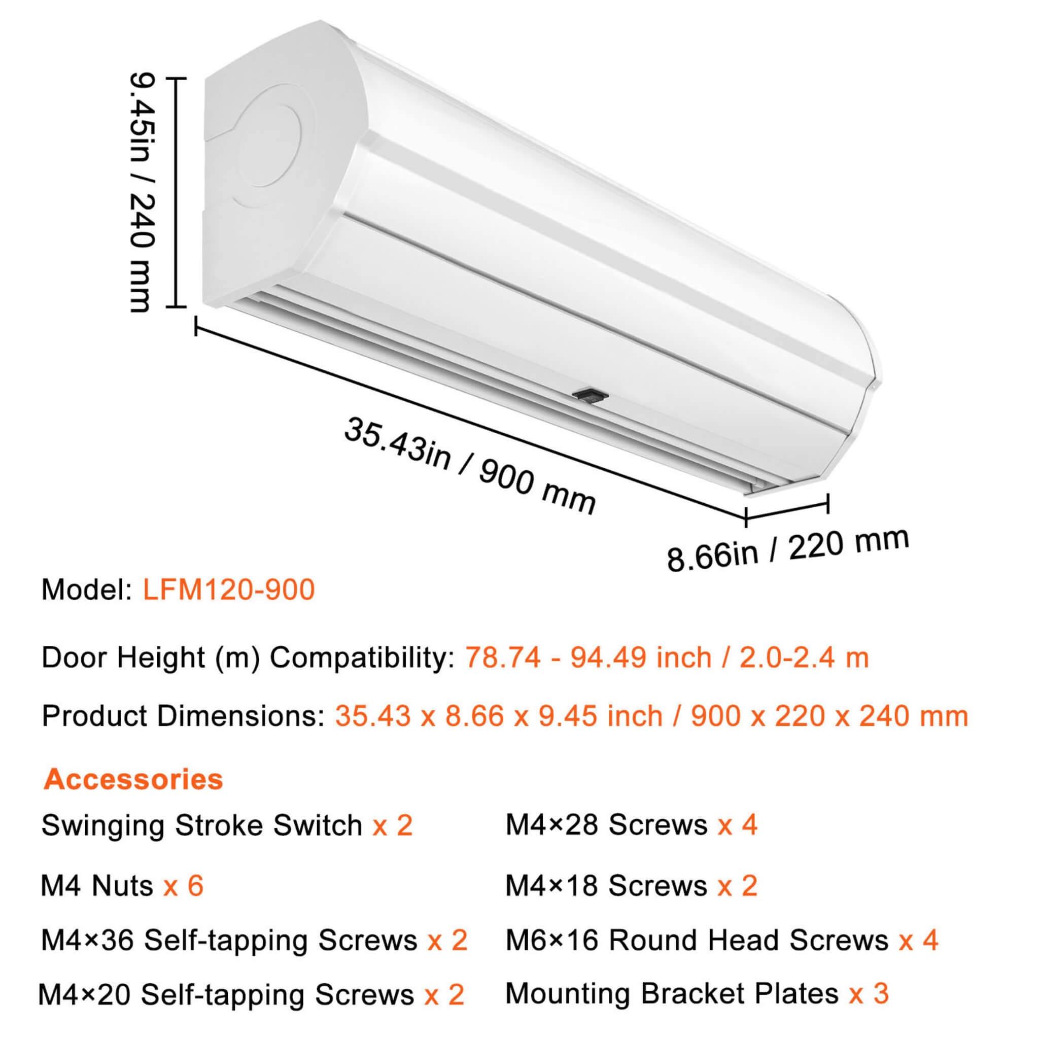 36-Inch 110V Commercial 2-Speed 900CFM Indoor Wall-Mounted Air Curtain (SAK63471)