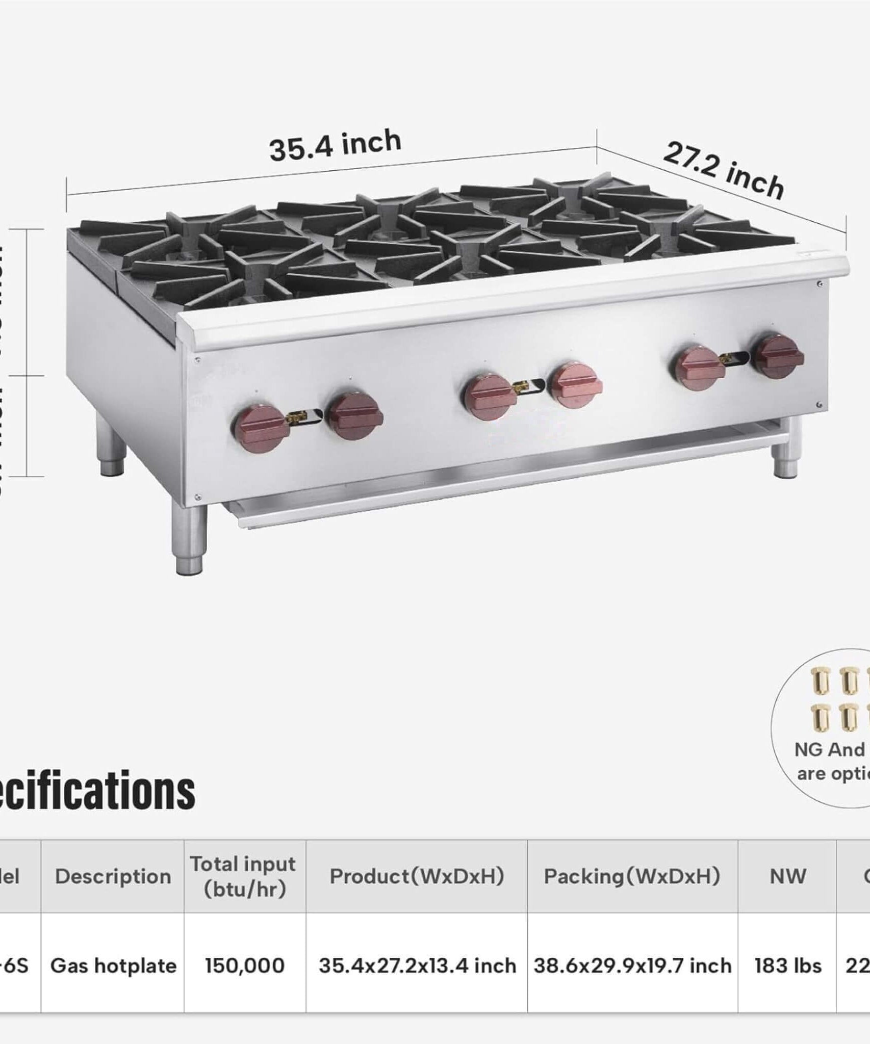Heavy-Duty 36-Inch Commercial 150K BTU 6-Burner Stainless Steel Countertop Natural Gas And Propane Range (SAK92640)