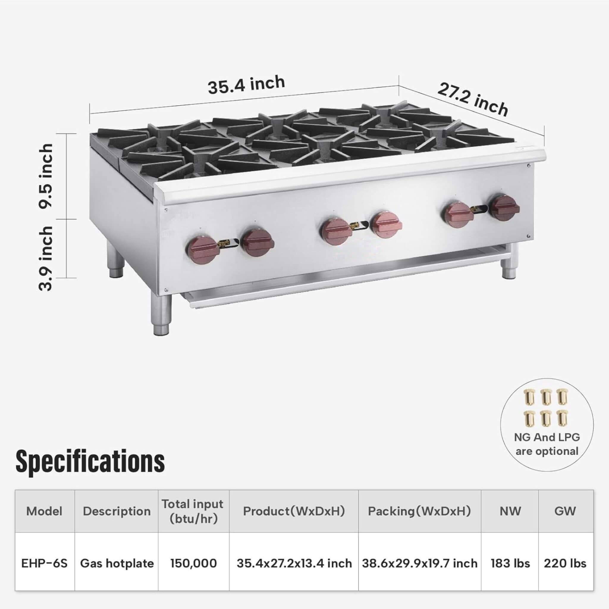 Heavy-Duty 36-Inch Commercial 150K BTU 6-Burner Stainless Steel Countertop Natural Gas And Propane Range (SAK92640)