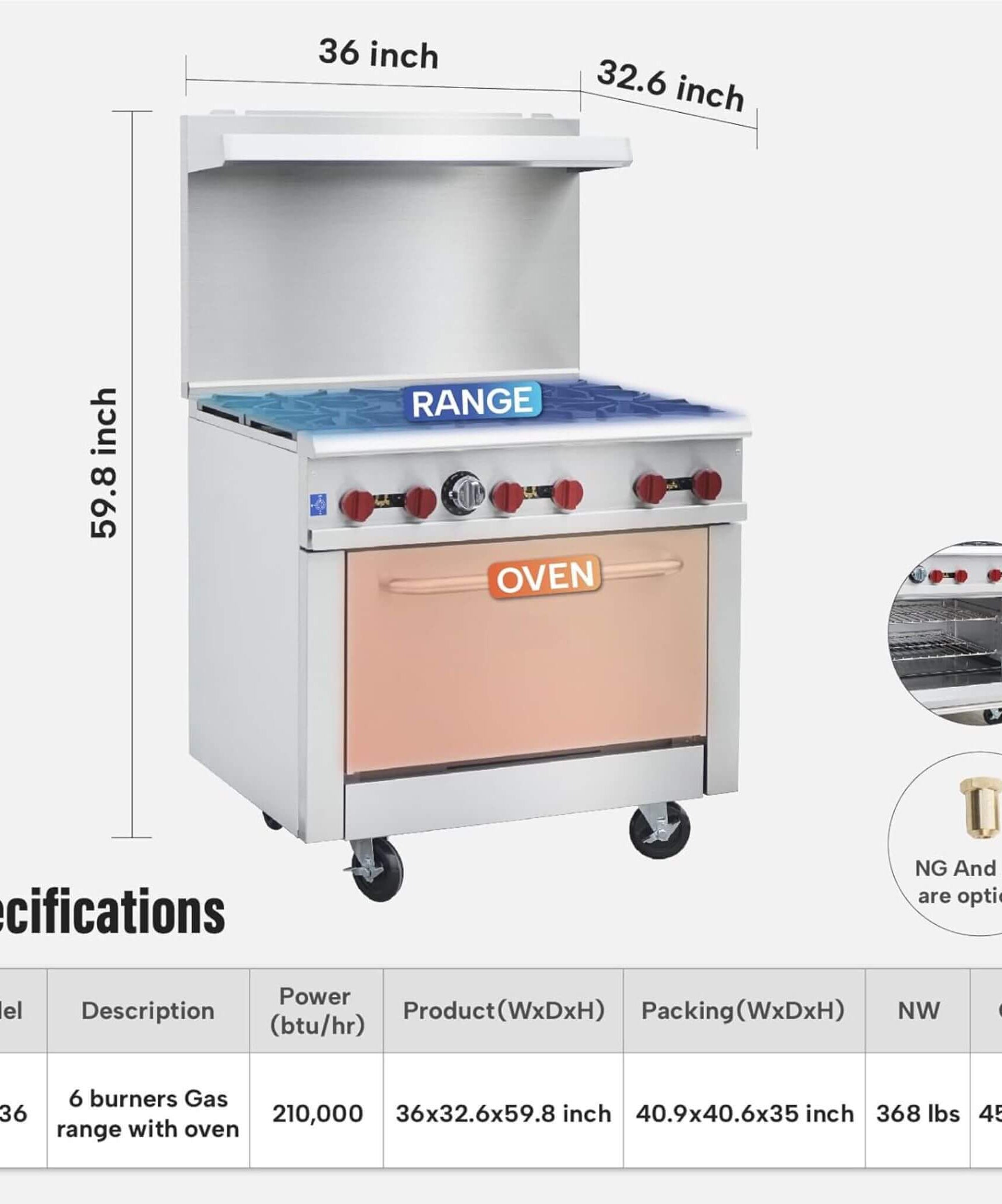 36-Inch Commercial 210K BTU 6-Burner Stainless Steel Freestanding Gas Range (SAK85603)
