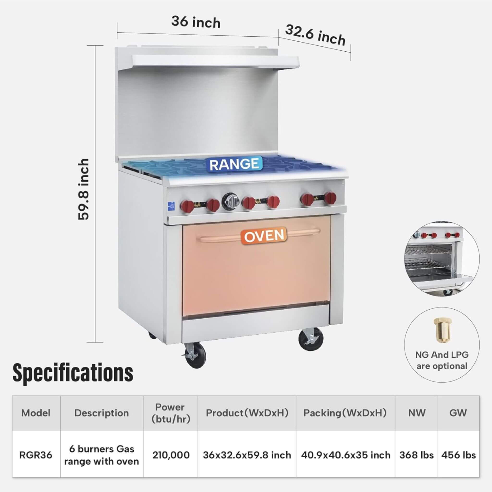 36-Inch Commercial 210K BTU 6-Burner Stainless Steel Freestanding Gas Range (SAK85603)