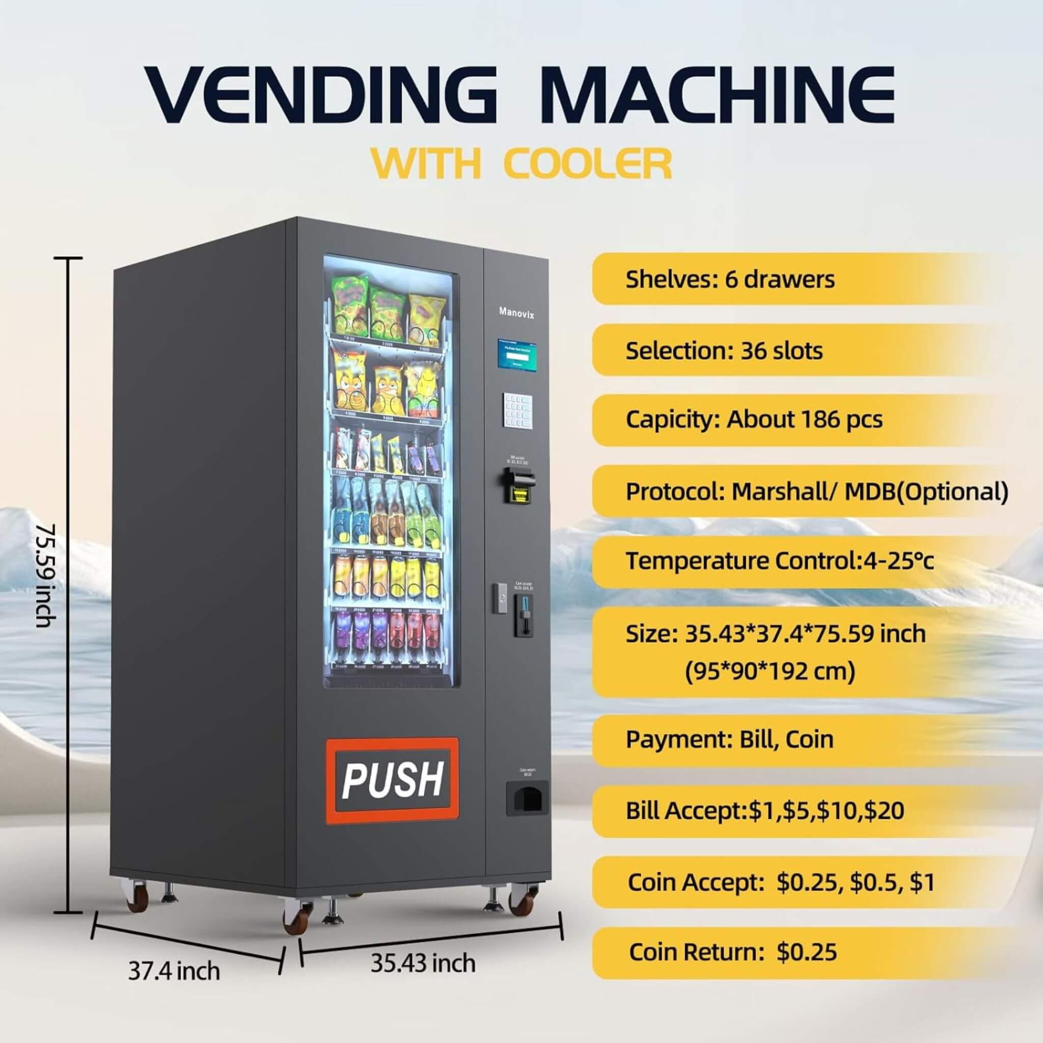 36-Slot Commercial Refrigerated Snack Drink Vending Machine With Bill And Coin Acceptor (SAK67318)