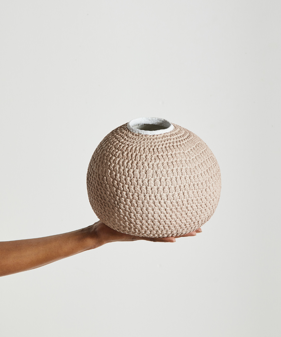 African Bibi Papier Vase in Pink, Rust, and Blue