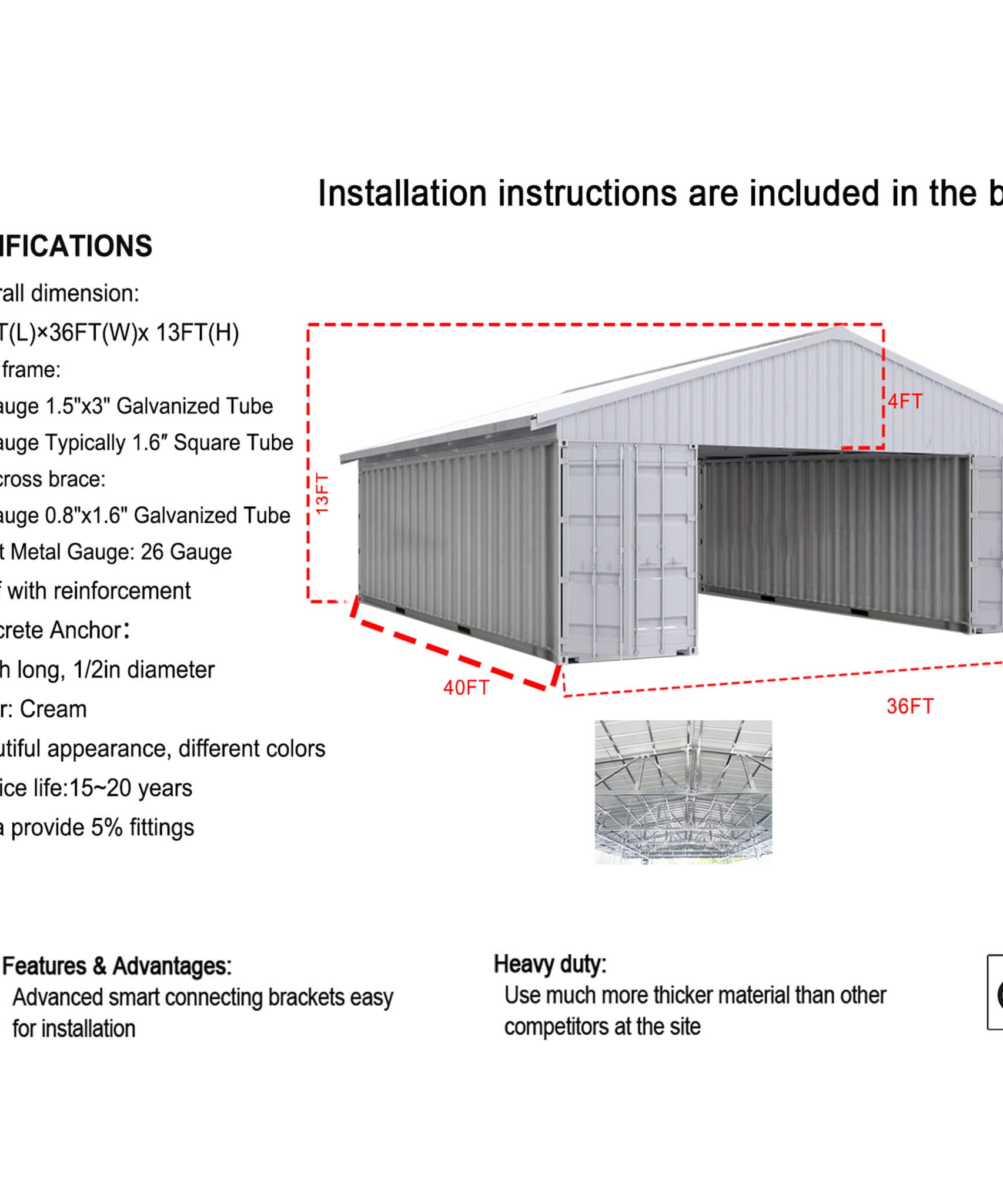 [36X40FT] Alora Heavy-Duty Weather-Resistant Galvanized Steel Container Roof Kit [No Containers] (SAK37491)