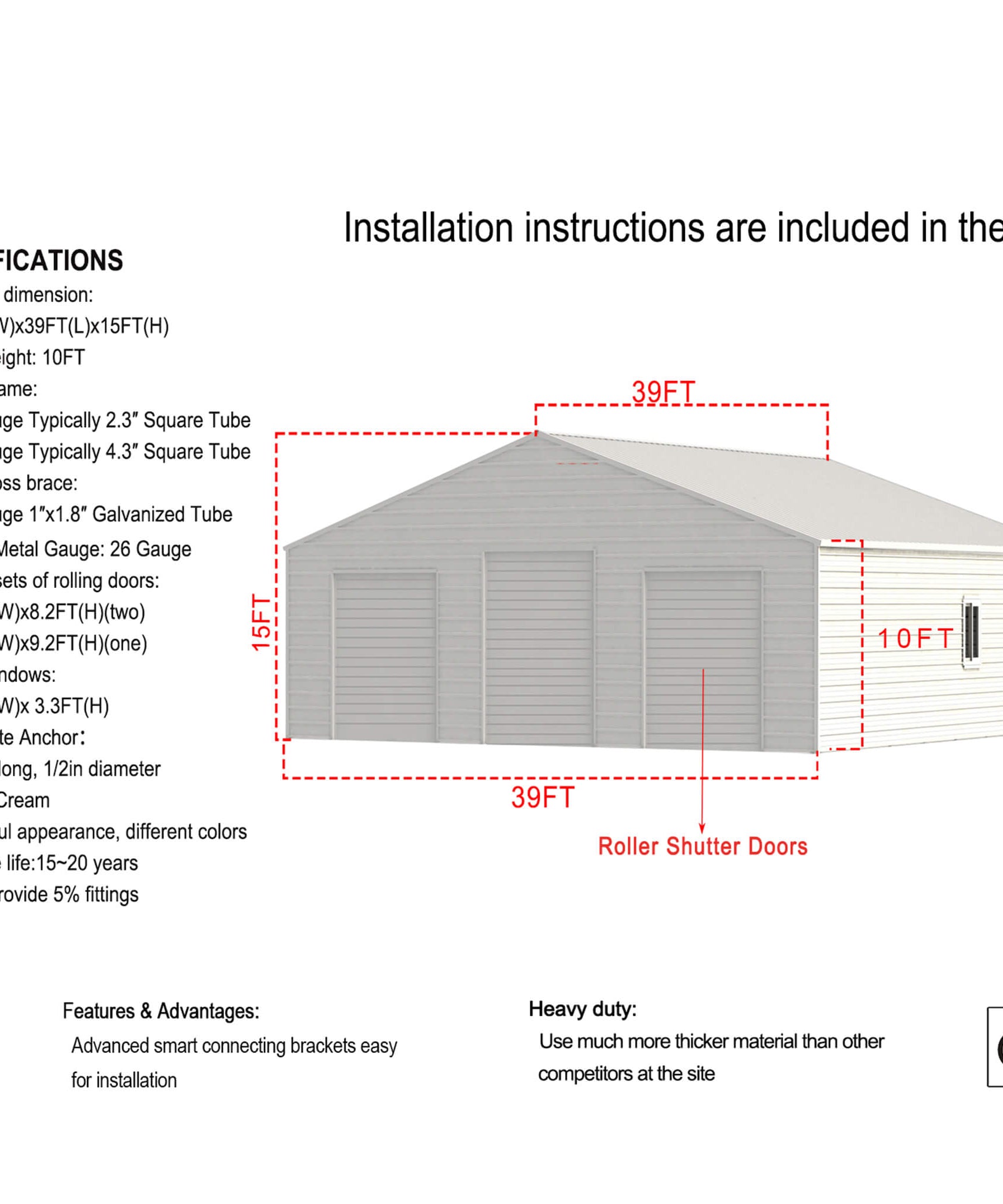 [39X39FT] Extra-Large Heavy-Duty Galvanized Steel Barn Building Shed With 3 Rolling Door Garages (SAK10234)