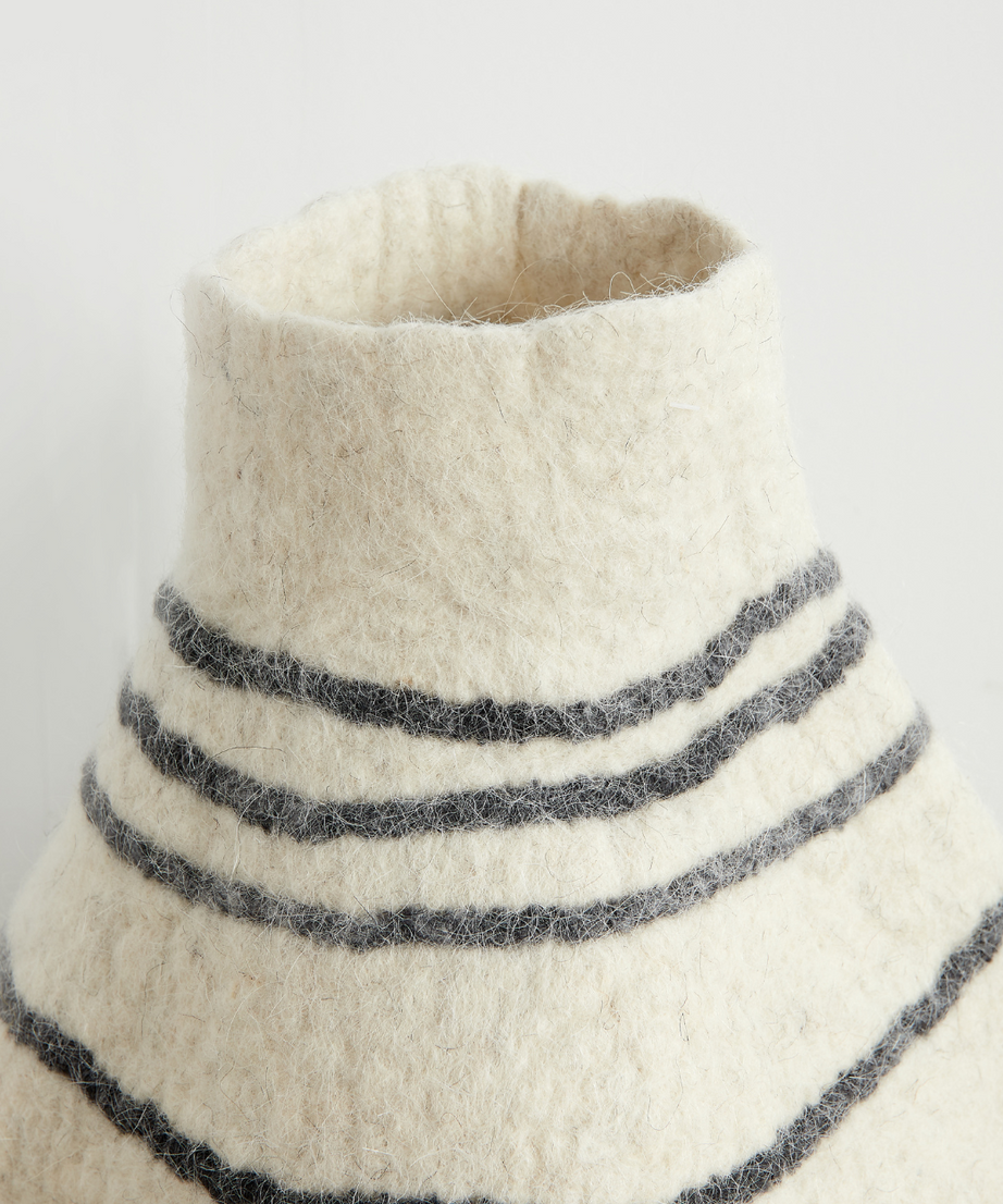 Tribal Lines Hand-Felted Wool Natural White Gourd Basket