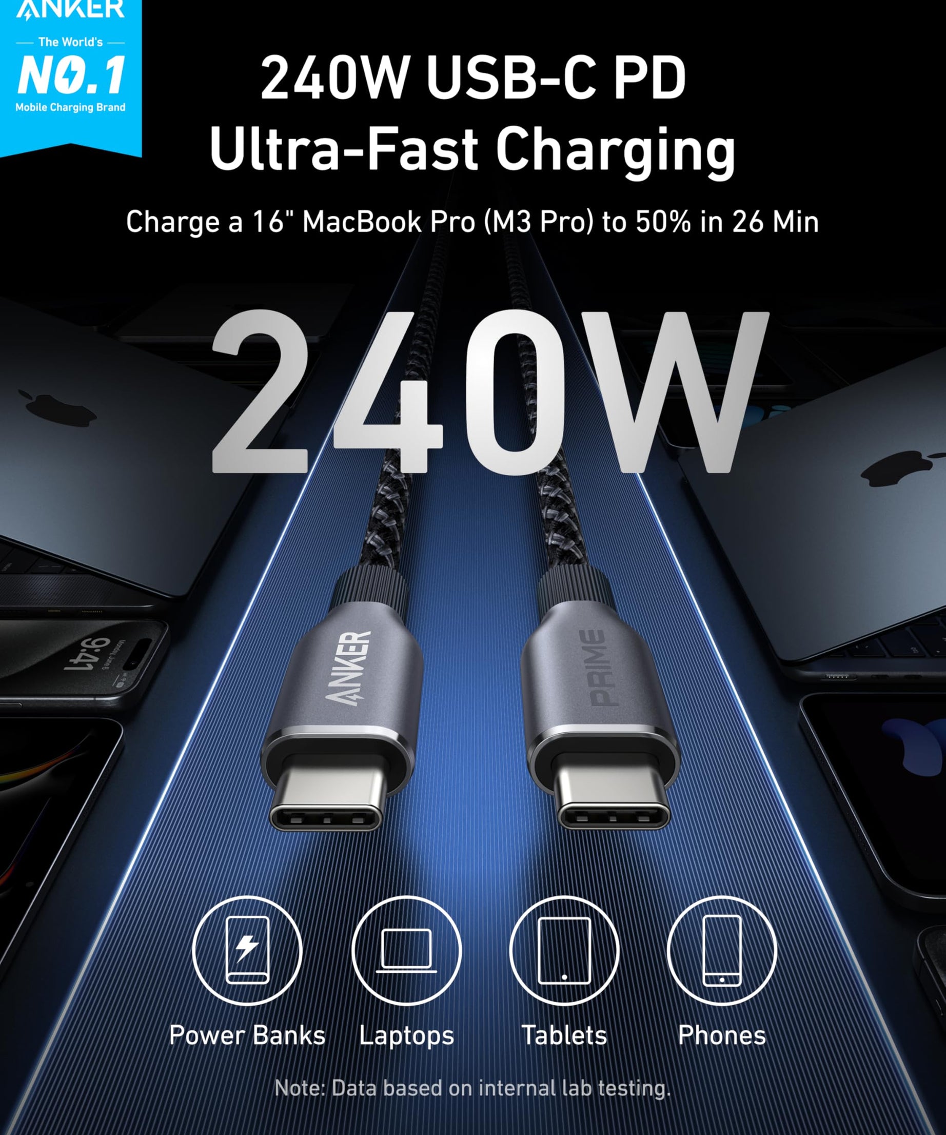 Anker Prime USB-C to USB-C Cable (240W, Upcycled-Braided)