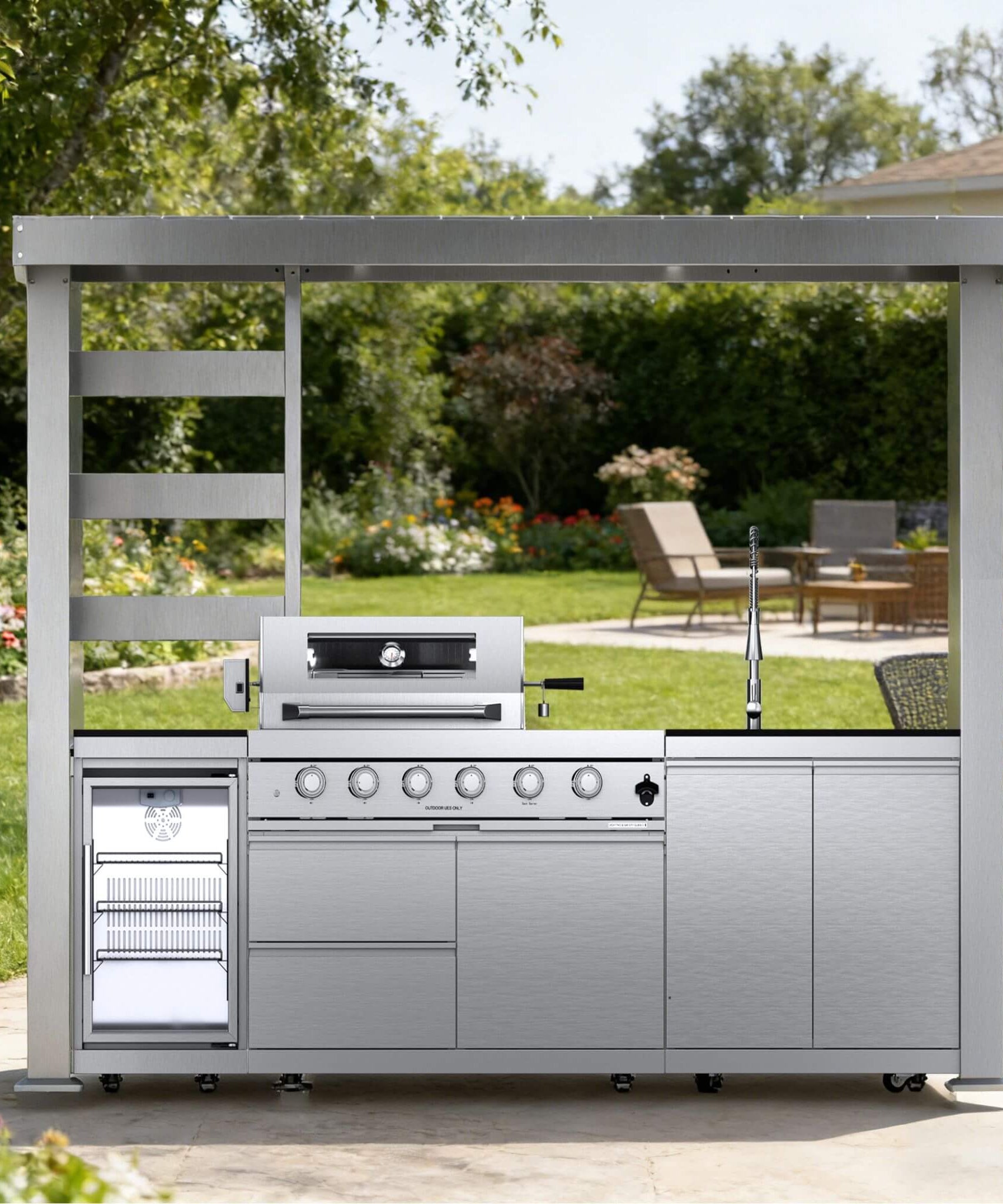 Castelle Flame Imperial 110-Inch 4-Burner 72K BTU Deluxe Stainless Steel Outdoor Kitchen Grill Island With Wine Cooler, Rotisserie, Cabinets, And Granite Countertops (SAK94721)