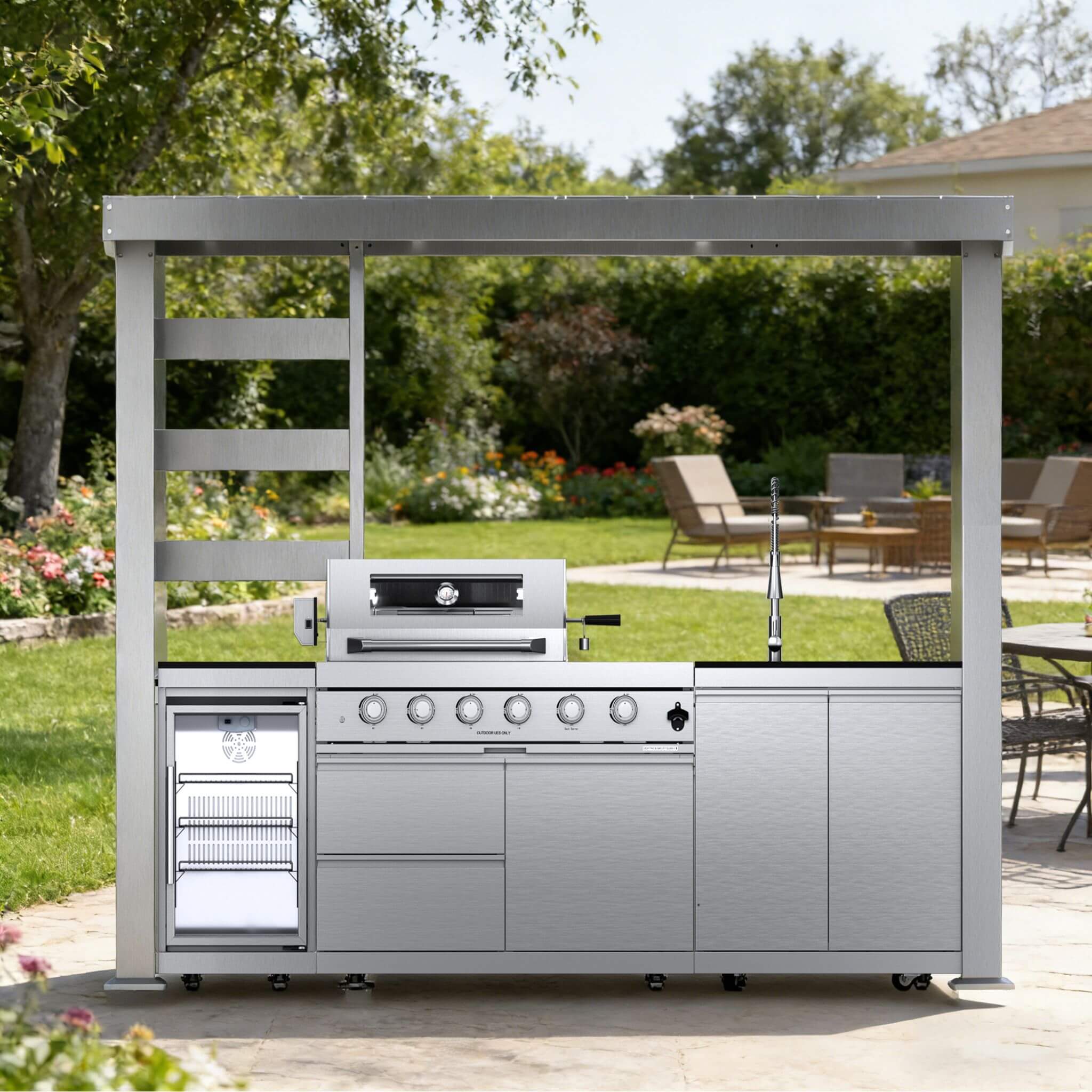 Castelle Flame Imperial 110-Inch 4-Burner 72K BTU Deluxe Stainless Steel Outdoor Kitchen Grill Island With Wine Cooler, Rotisserie, Cabinets, And Granite Countertops (SAK94721)