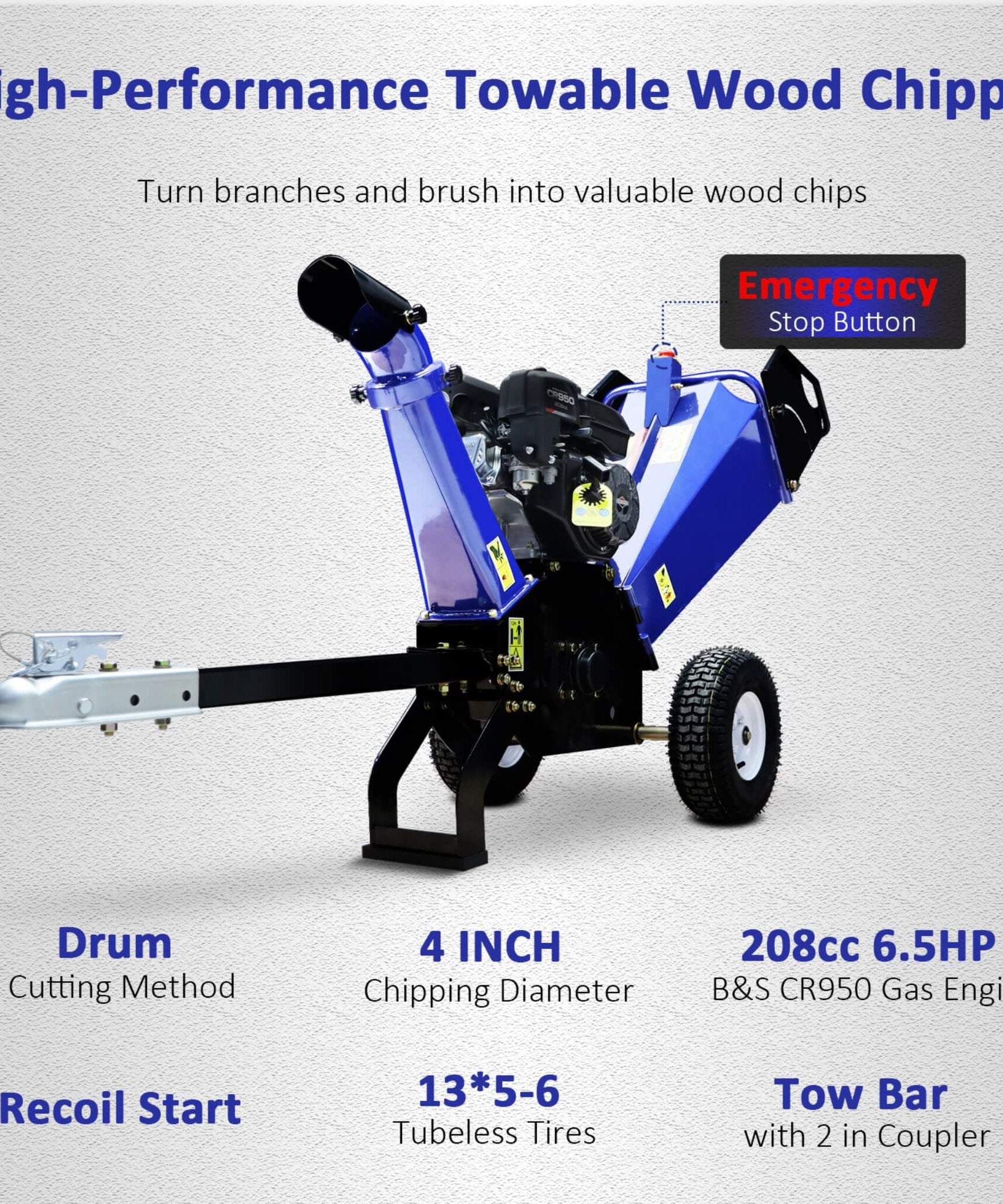 Heavy-Duty 4-Inch 208CC Gas Drum Wood Chipper Shredder With Tow Hitch (SAK47504)