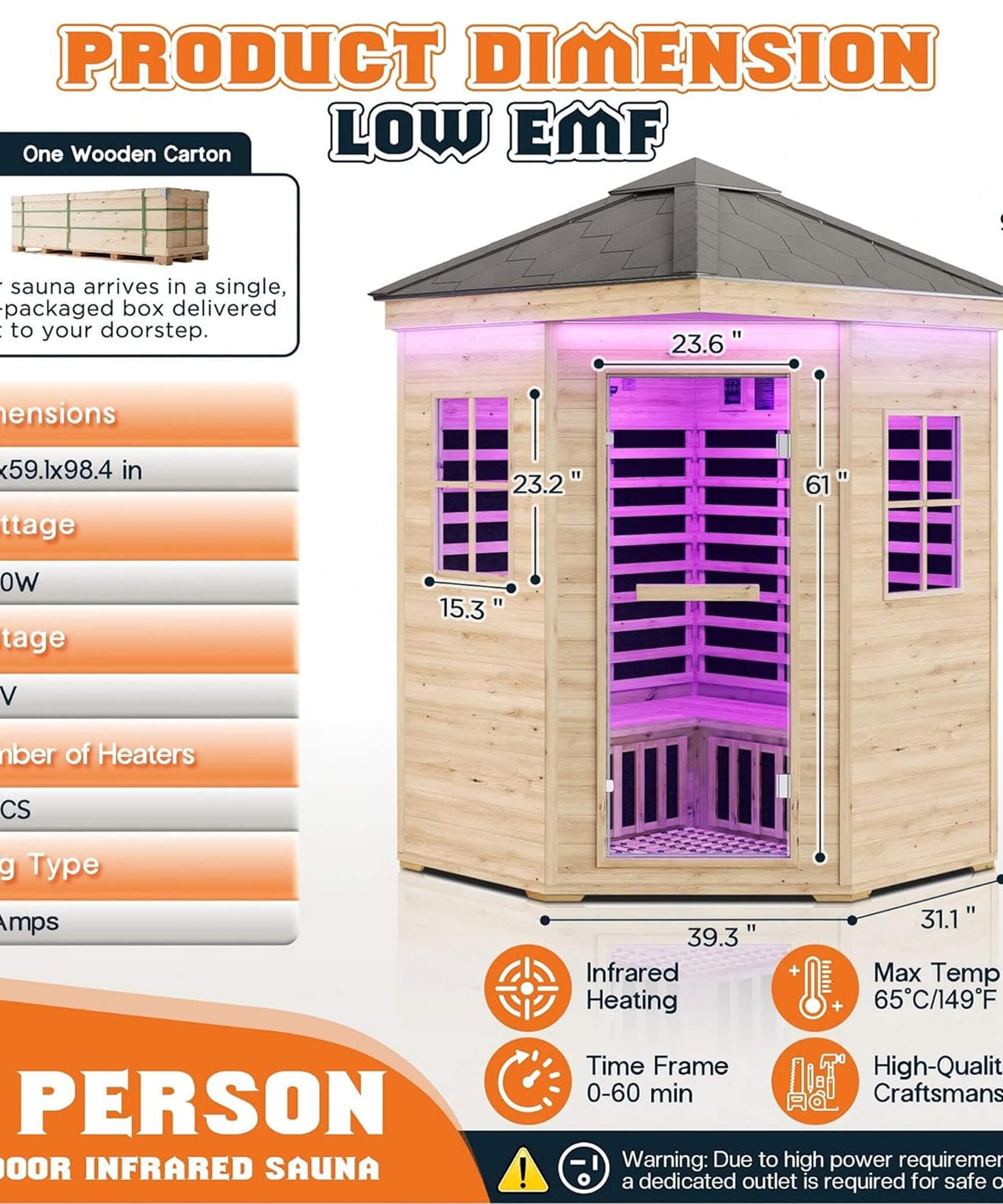 Thermora Monaco 4-Person Low EMF Spruce Wood Outdoor Infrared Sauna With Bluetooth Speakers And LED Lights (SAK16270)