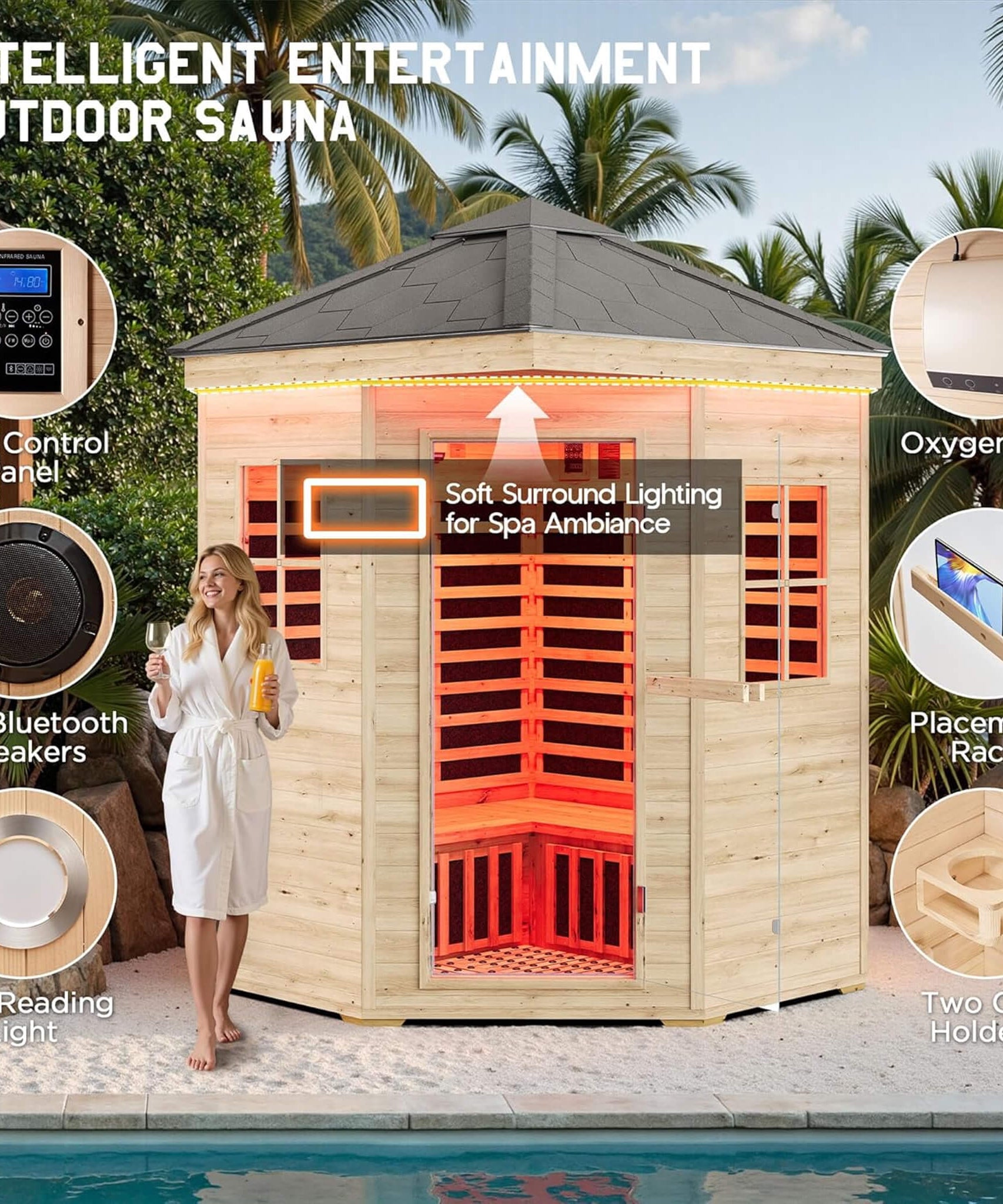 Thermora Monaco 4-Person Low EMF Spruce Wood Outdoor Infrared Sauna With Bluetooth Speakers And LED Lights (SAK16270)