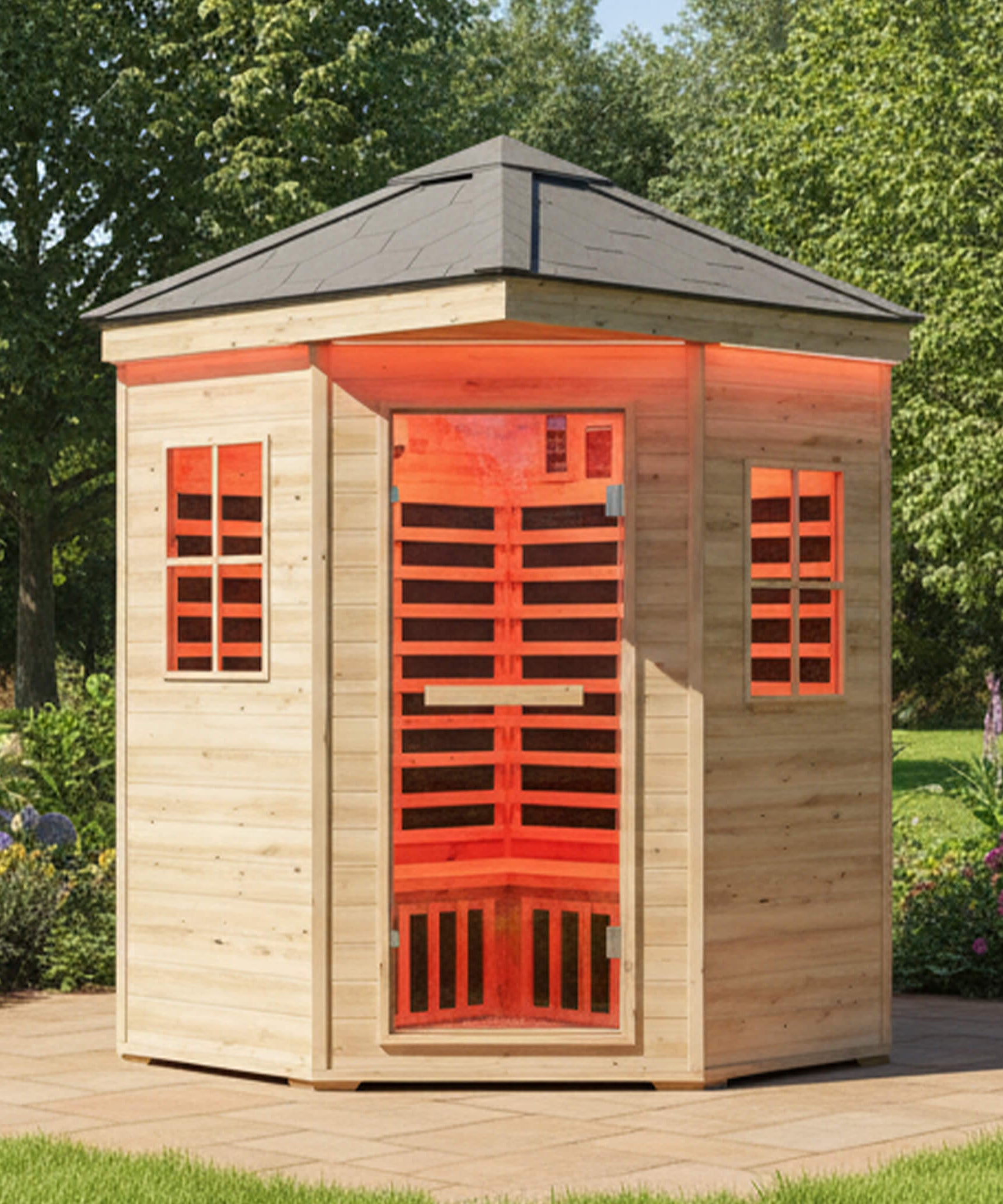 Thermora Monaco 4-Person Low EMF Spruce Wood Outdoor Infrared Sauna With Bluetooth Speakers And LED Lights (SAK16270)