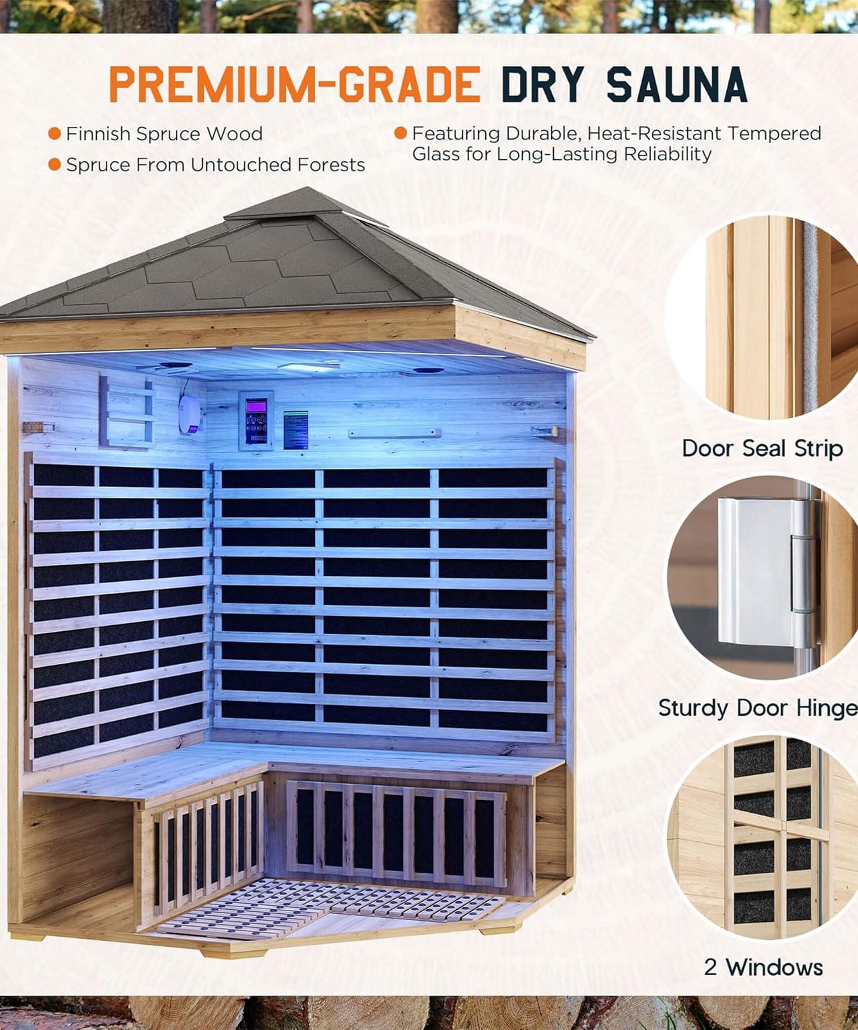 Thermora Monaco 4-Person Low EMF Spruce Wood Outdoor Infrared Sauna With Bluetooth Speakers And LED Lights (SAK16270)