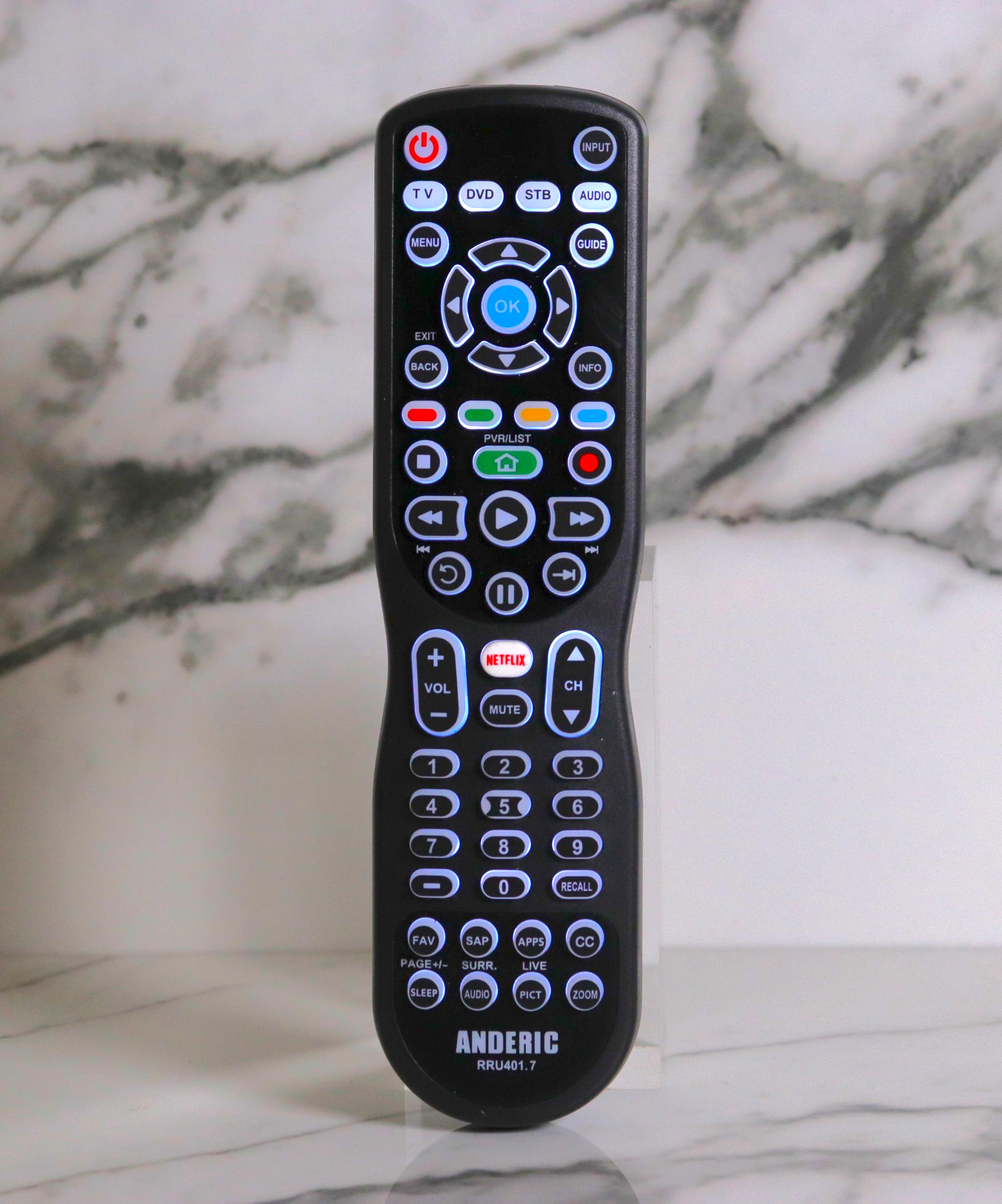 Anderic RRU401.7 4-Device Universal Remote Control with Backlight, Macro and Learning for TV, Cable, Streaming, DVD and more