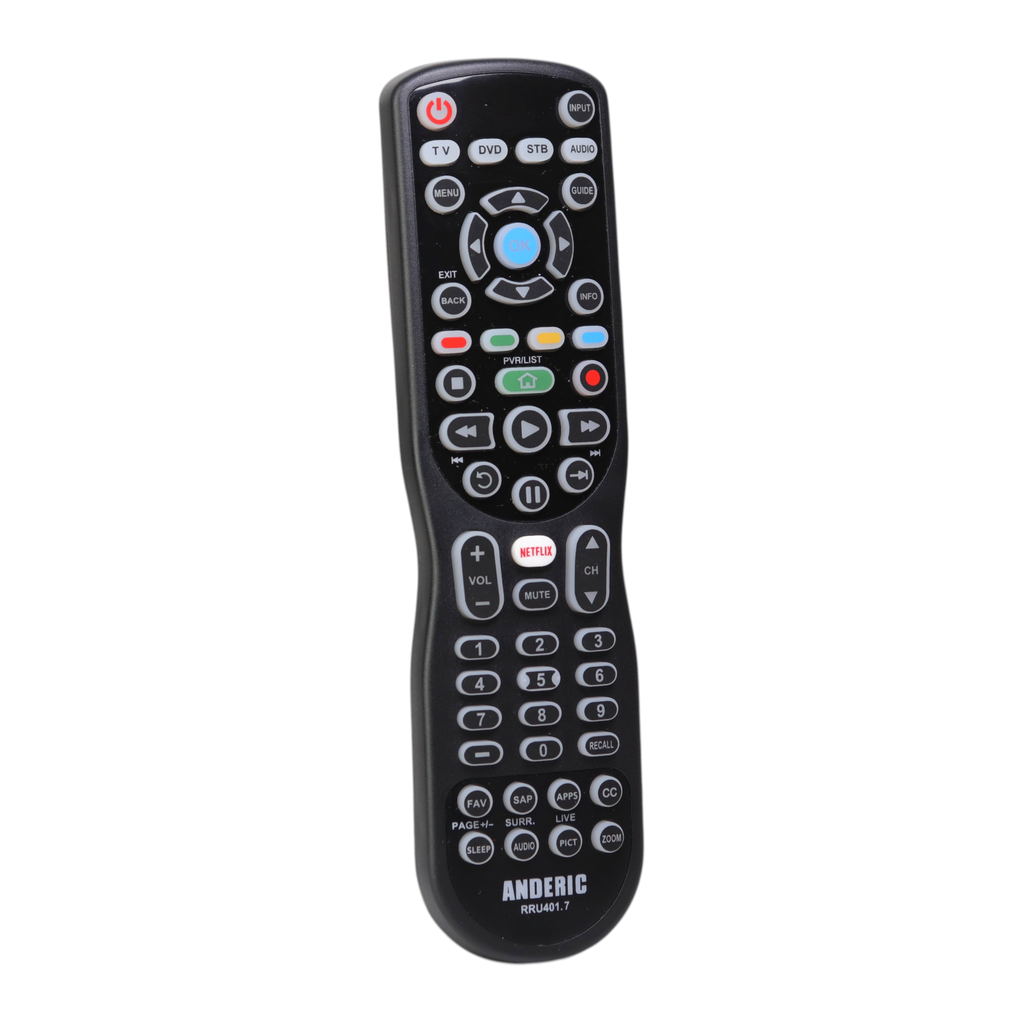 Anderic RRU401.7 4-Device Universal Remote Control with Backlight, Macro and Learning for TV, Cable, Streaming, DVD and more