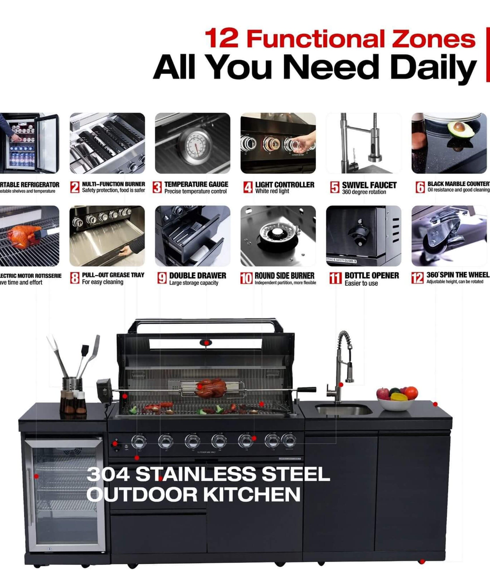 Castelle Flame Belmont 43-Inch 6-Burner 85K BTU Stainless Steel Outdoor BBQ Kitchen Grill Island With Wine Cooler, Rotisserie, And Sink (SAK19476)