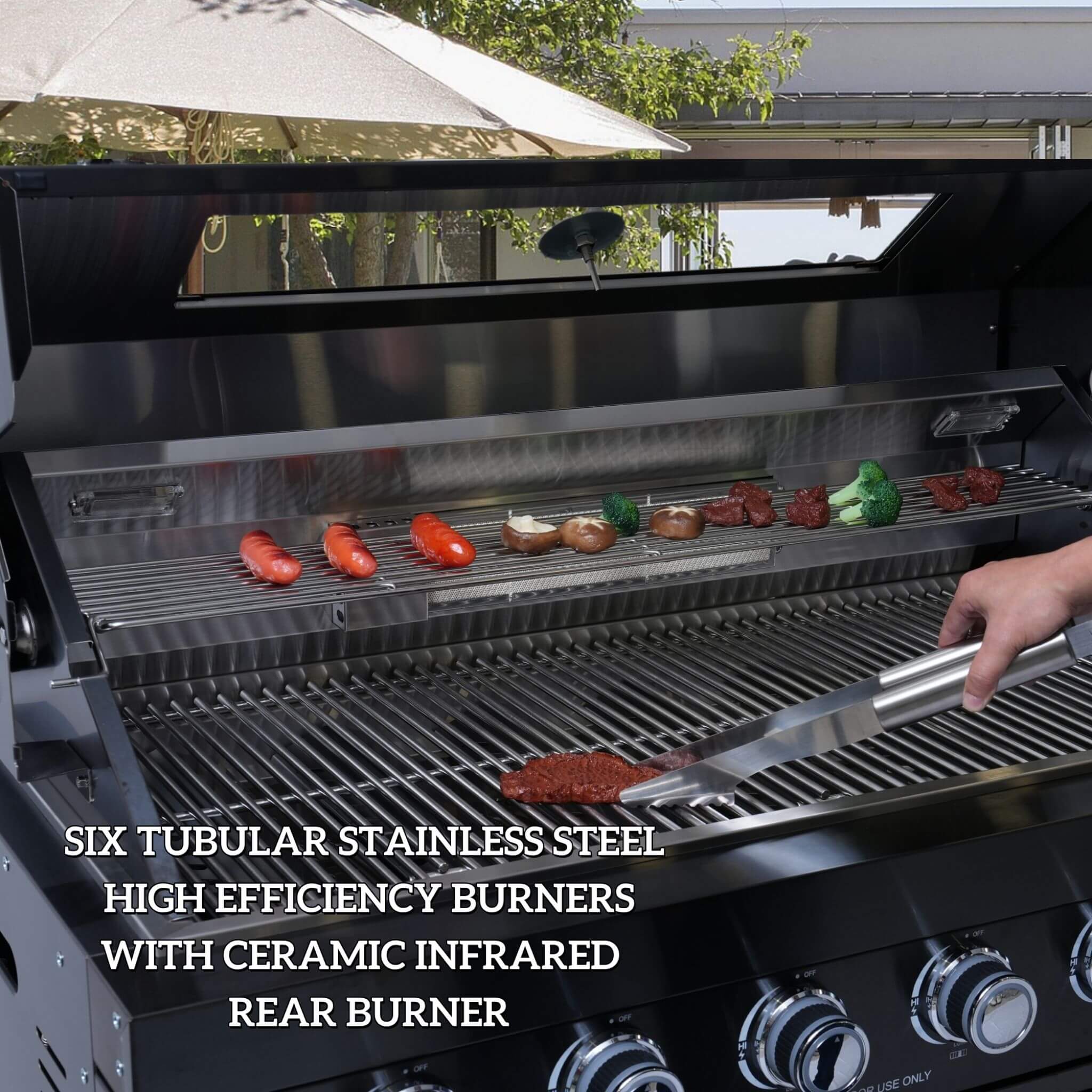 Castelle Flame Belmont 43-Inch 6-Burner 85K BTU Stainless Steel Outdoor BBQ Kitchen Grill Island With Wine Cooler, Rotisserie, And Sink (SAK19476)