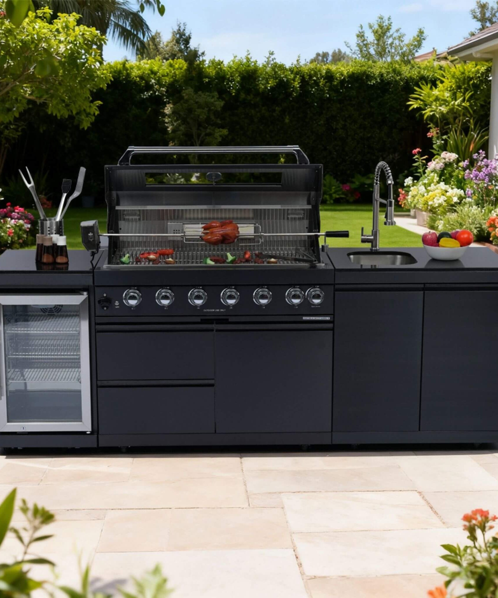 Castelle Flame Belmont 43-Inch 6-Burner 85K BTU Stainless Steel Outdoor BBQ Kitchen Grill Island With Wine Cooler, Rotisserie, And Sink (SAK19476)