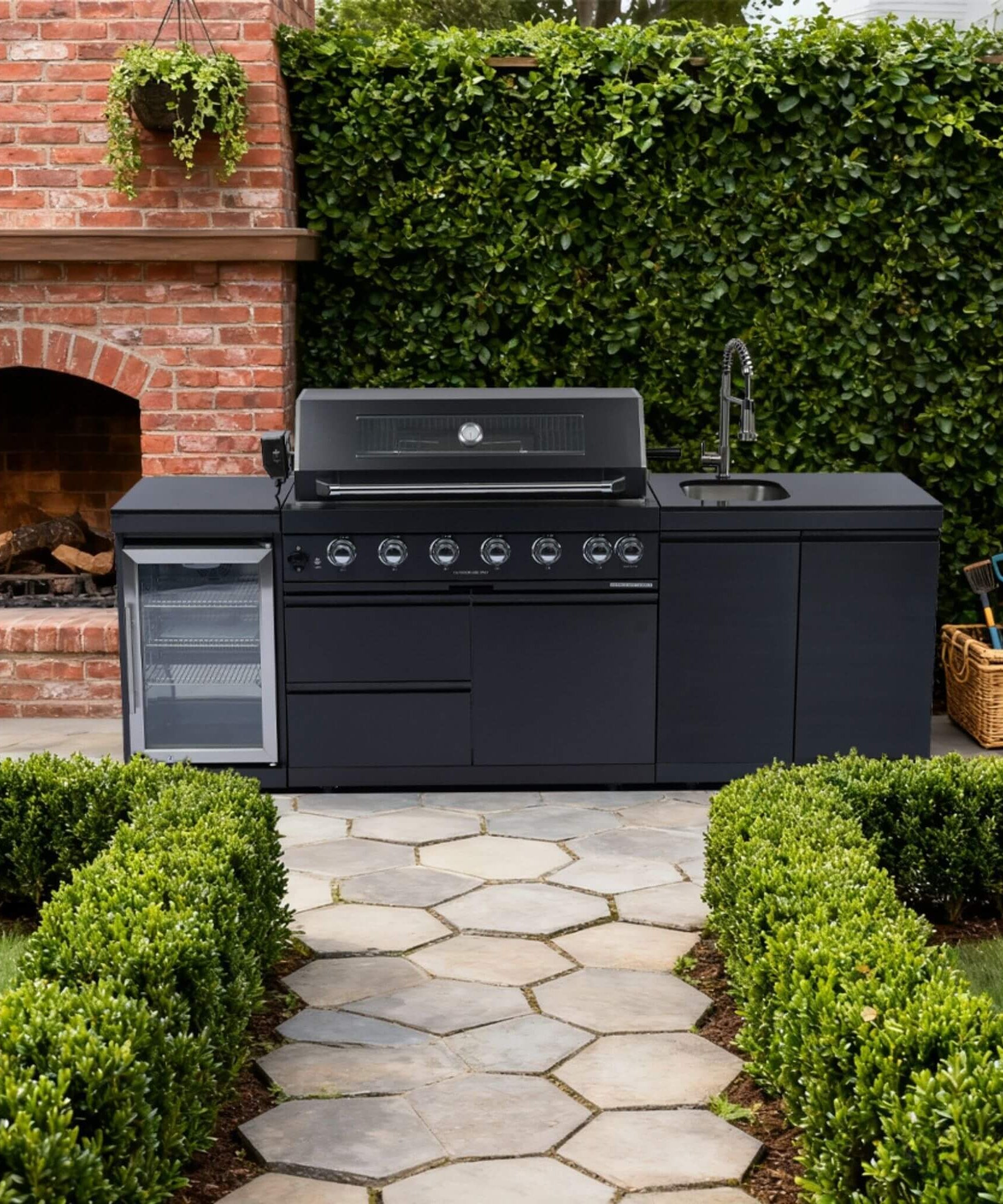 Castelle Flame Belmont 43-Inch 6-Burner 85K BTU Stainless Steel Outdoor BBQ Kitchen Grill Island With Wine Cooler, Rotisserie, And Sink (SAK19476)