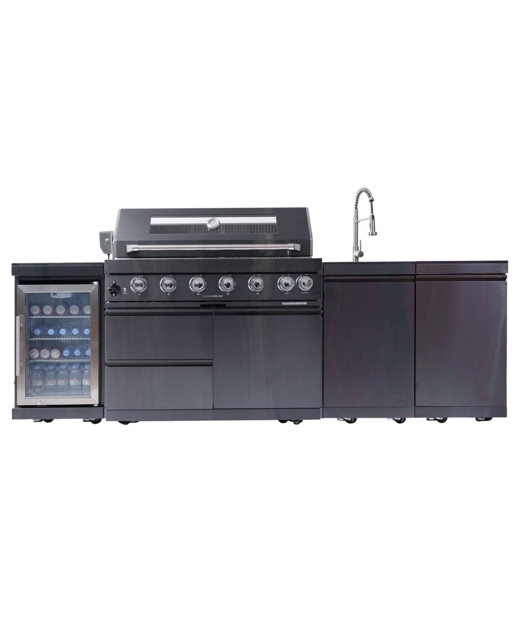 Castelle Flame Belmont 43-Inch 6-Burner 85K BTU Stainless Steel Outdoor BBQ Kitchen Grill Island With Wine Cooler, Rotisserie, And Sink (SAK19476)