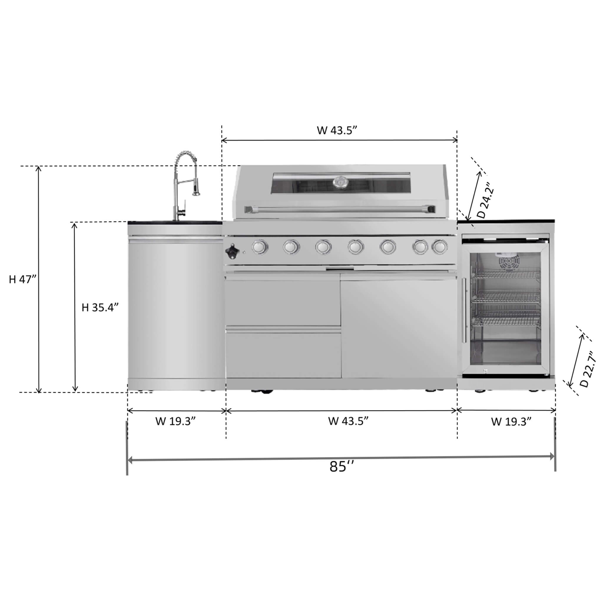 Castelle Flame Verona 44-Inch 6-Burner 85K BTU Stainless Steel Outdoor BBQ Kitchen Grill Island With Wine Cooler, Rotisserie Kit, And Storage Cabinets (SAK97105)