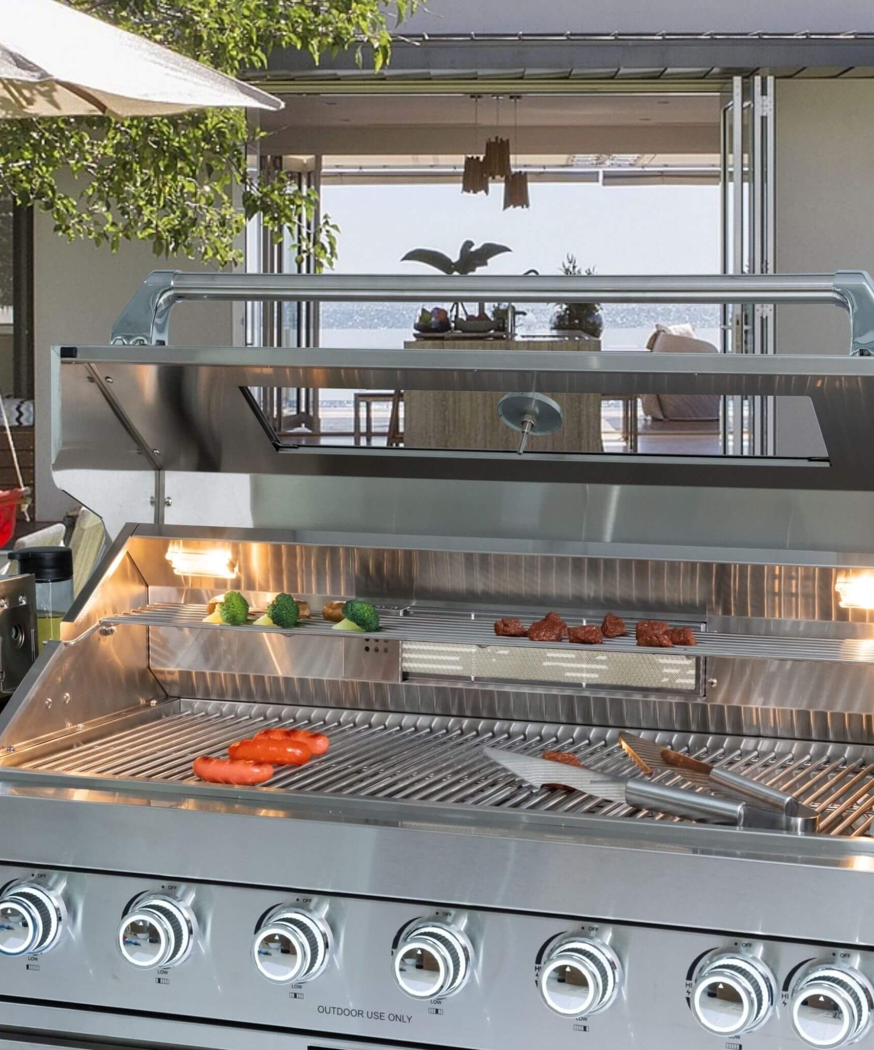 Castelle Flame Verona 44-Inch 6-Burner 85K BTU Stainless Steel Outdoor BBQ Kitchen Grill Island With Wine Cooler, Rotisserie Kit, And Storage Cabinets (SAK97105)
