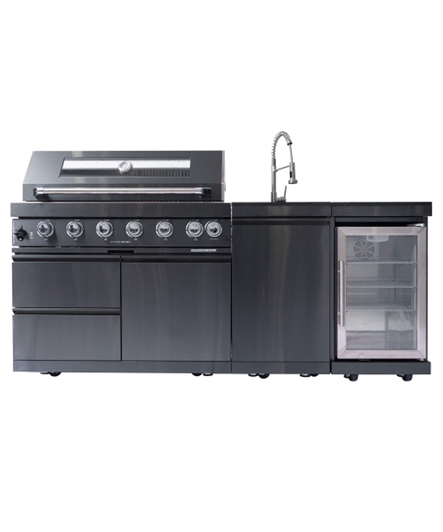 Castelle Flame Verona 44-Inch 6-Burner 85K BTU Stainless Steel Outdoor BBQ Kitchen Grill Island With Wine Cooler, Rotisserie Kit, And Storage Cabinets (SAK97105)