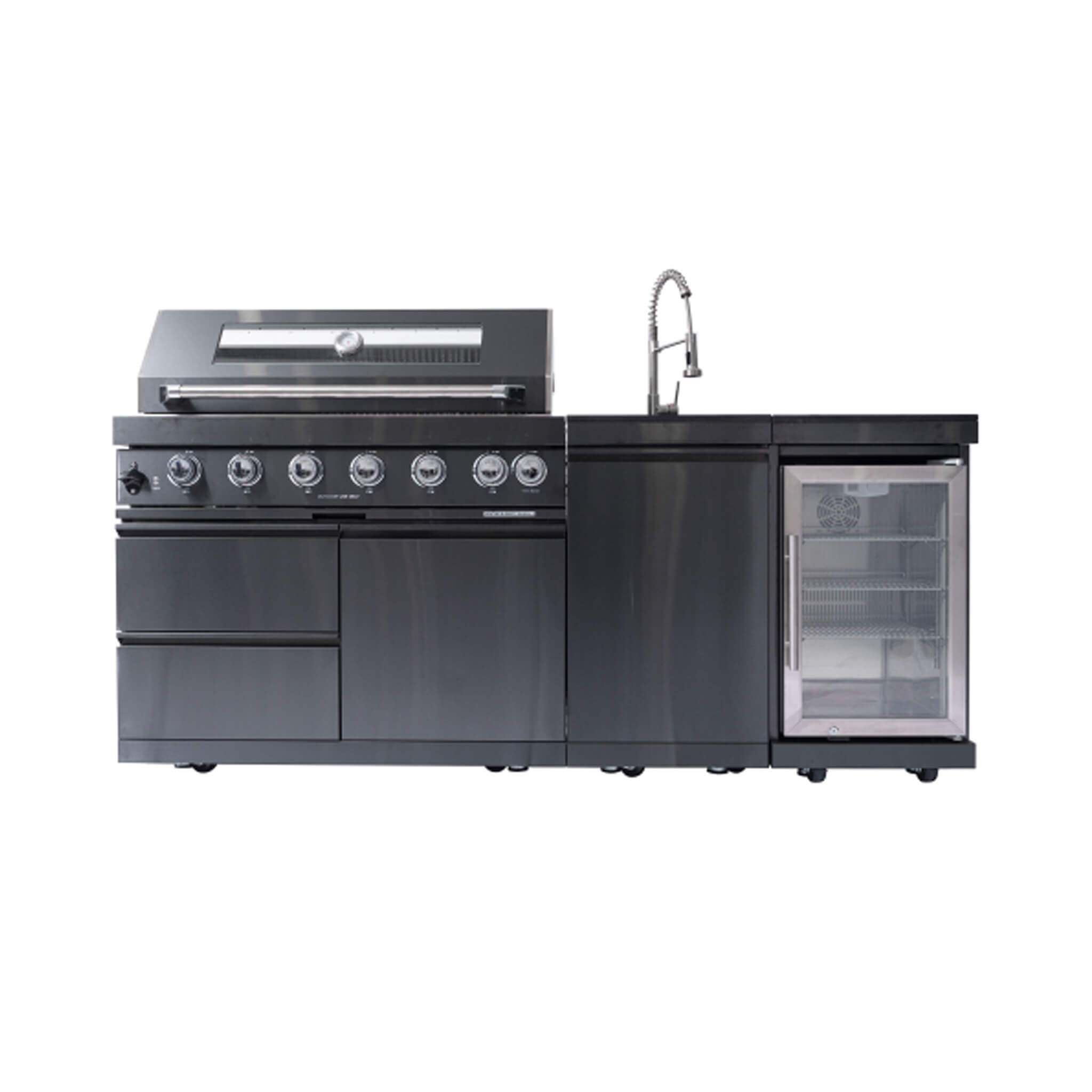 Castelle Flame Verona 44-Inch 6-Burner 85K BTU Stainless Steel Outdoor BBQ Kitchen Grill Island With Wine Cooler, Rotisserie Kit, And Storage Cabinets (SAK97105)