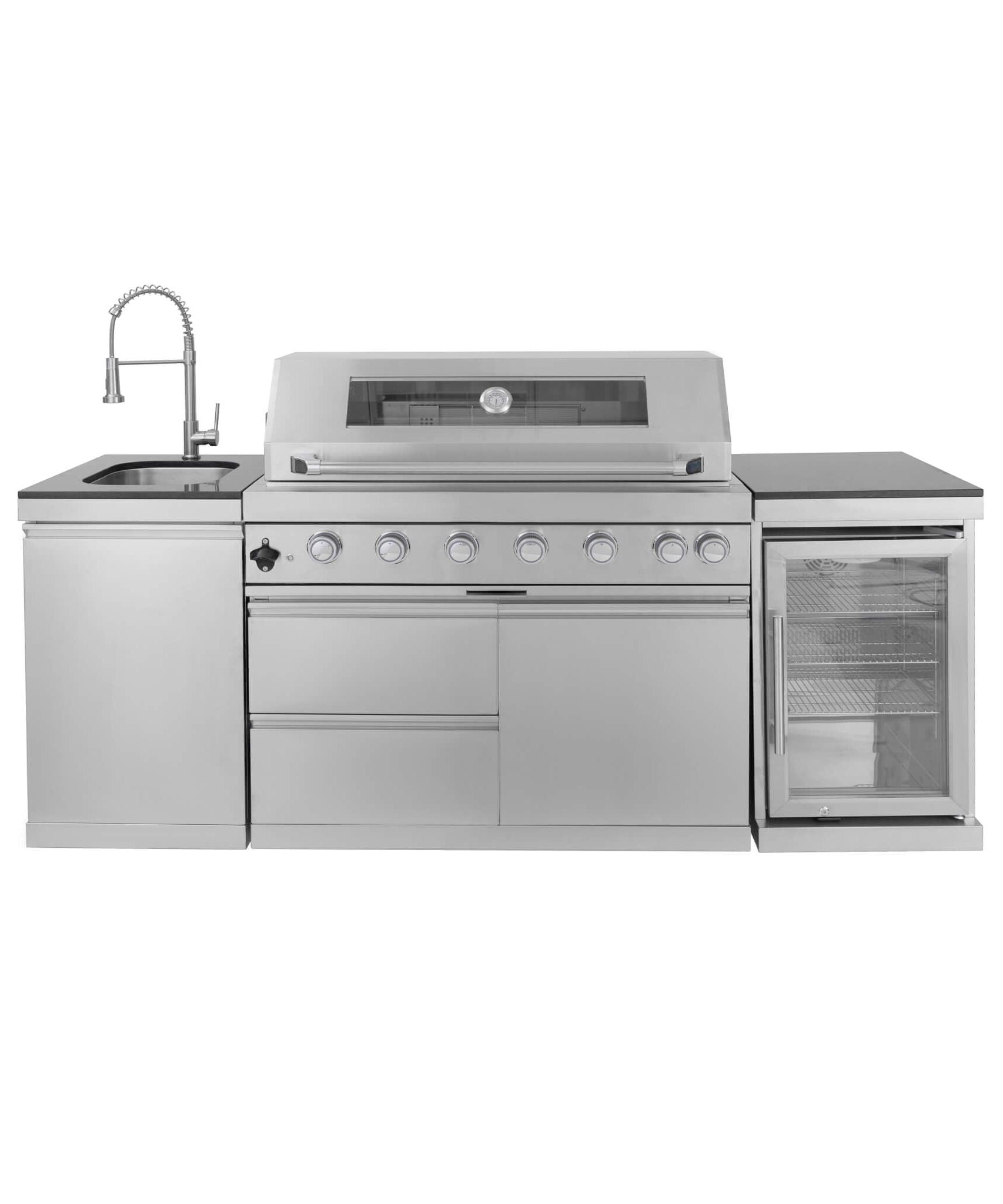 Castelle Flame Verona 44-Inch 6-Burner 85K BTU Stainless Steel Outdoor BBQ Kitchen Grill Island With Wine Cooler, Rotisserie Kit, And Storage Cabinets (SAK97105)