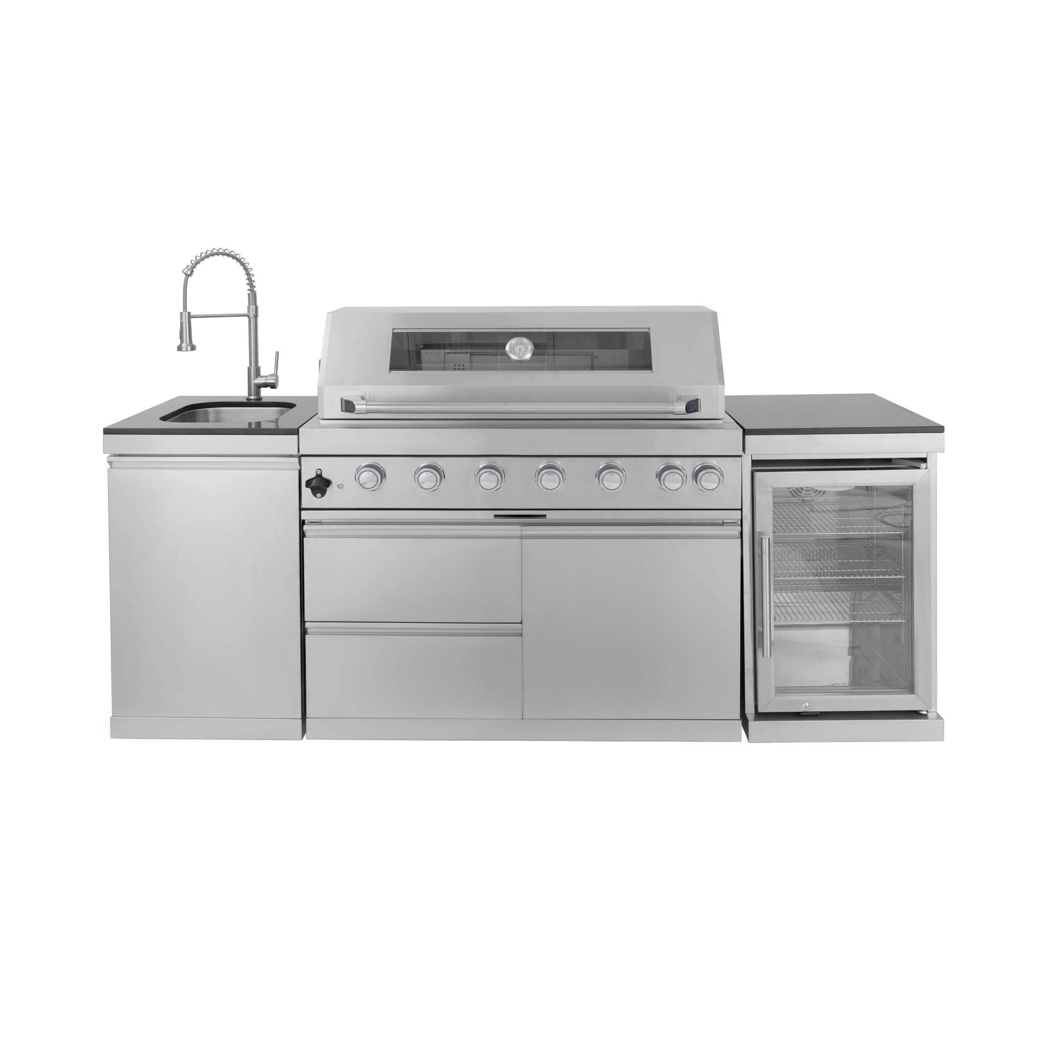 Castelle Flame Verona 44-Inch 6-Burner 85K BTU Stainless Steel Outdoor BBQ Kitchen Grill Island With Wine Cooler, Rotisserie Kit, And Storage Cabinets (SAK97105)