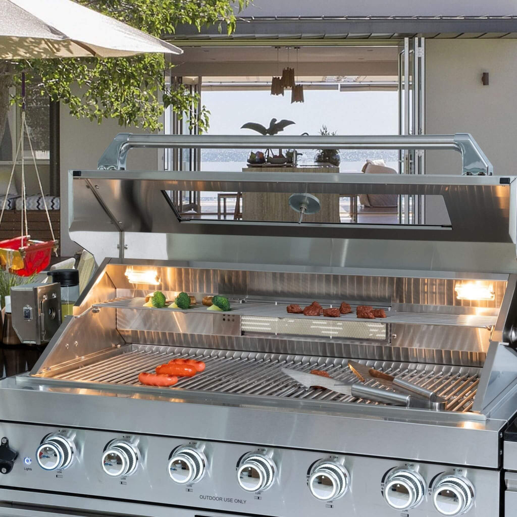 Castelle Flame Verona 44-Inch 6-Burner 85K BTU Stainless Steel Outdoor BBQ Kitchen Grill Island With Wine Cooler, Rotisserie Kit, And Storage Cabinets (SAK97105)