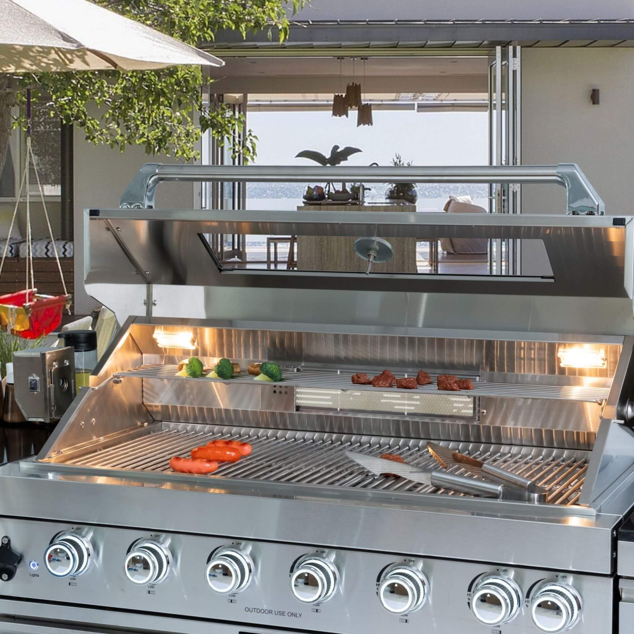 Castelle Flame Verona 44-Inch 6-Burner 85K BTU Stainless Steel Outdoor BBQ Kitchen Grill Island With Wine Cooler, Rotisserie Kit, And Storage Cabinets (SAK97105)