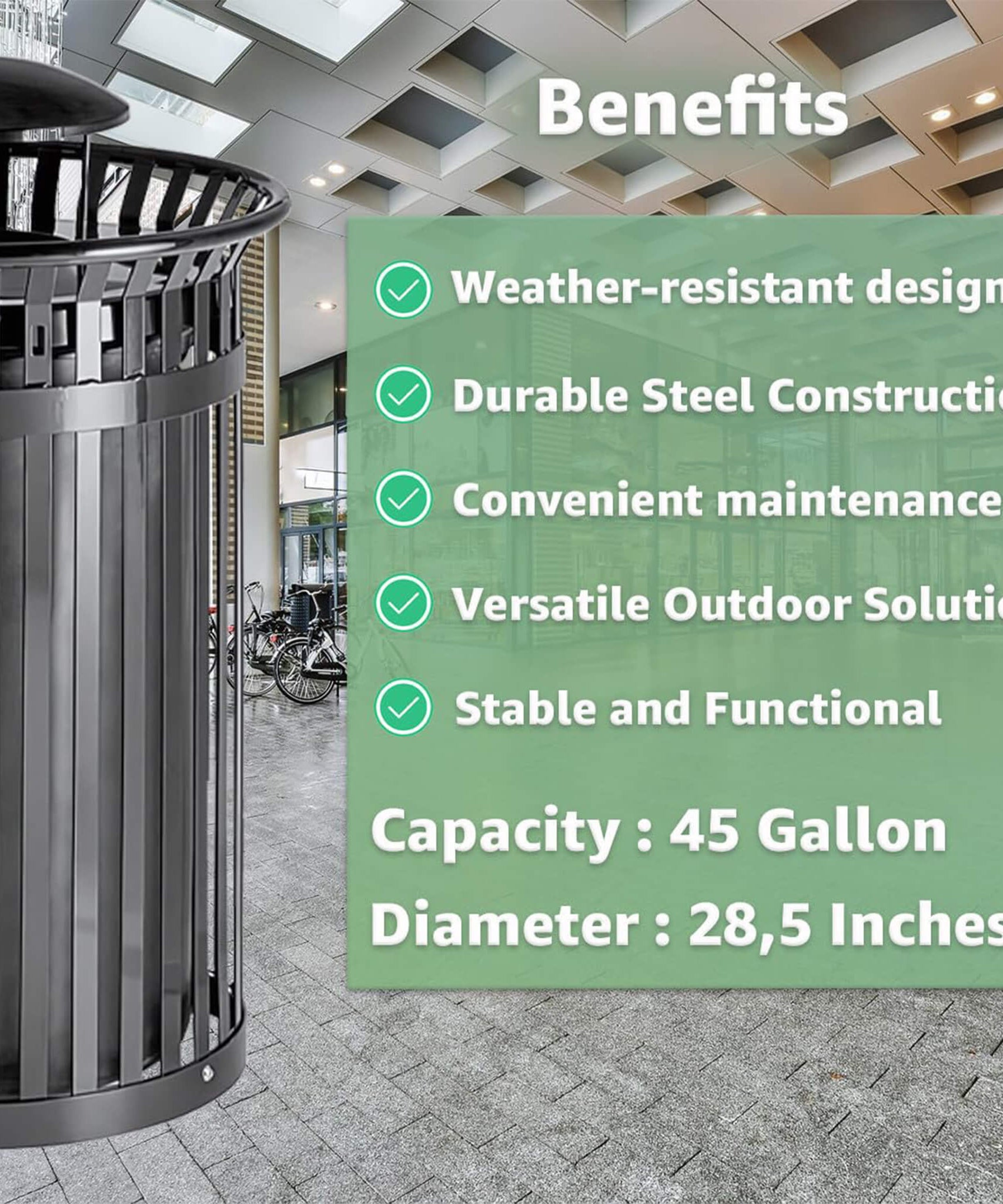 45-Gallon Heavy-Duty Commercial Round Waste Bin With Rain Bonnet Lid (SAK94380)