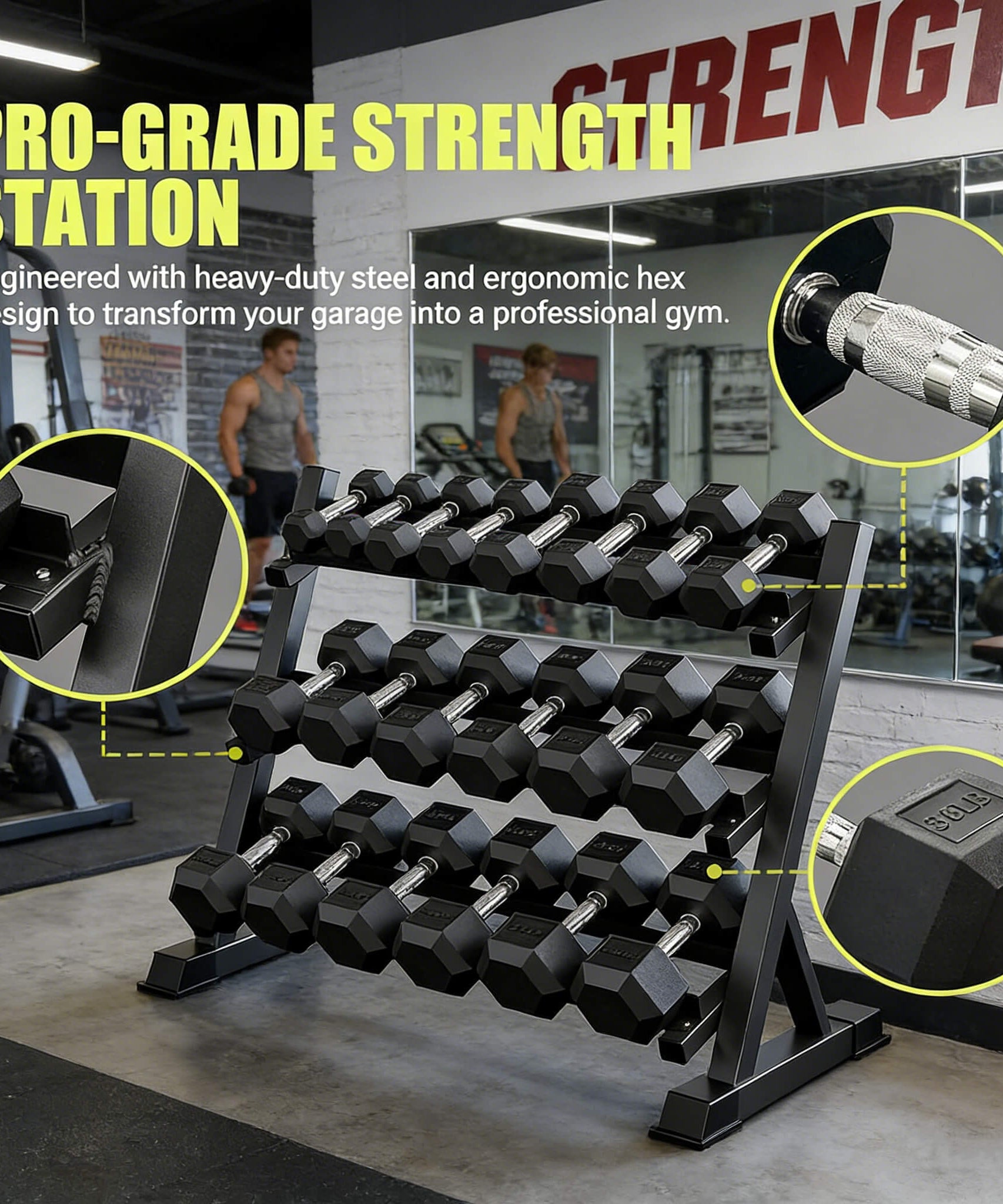 Rovix 450-Pounds Rubber Hex Dumbbell Set With Rack (SAK90714)