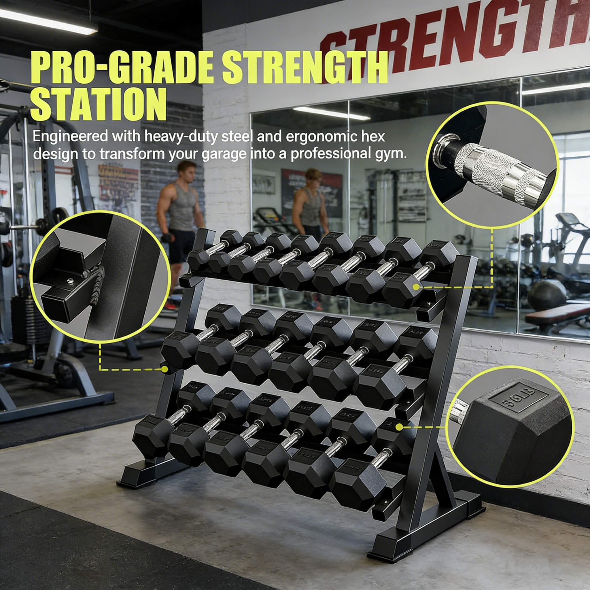 Rovix 450-Pounds Rubber Hex Dumbbell Set With Rack (SAK90714)