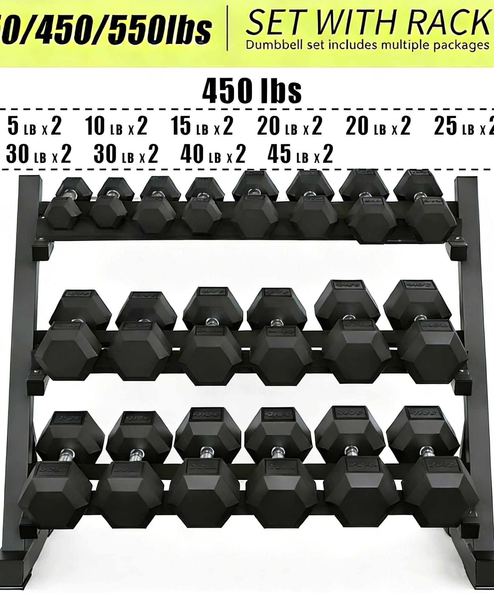 Rovix 450-Pounds Rubber Hex Dumbbell Set With Rack (SAK90714)
