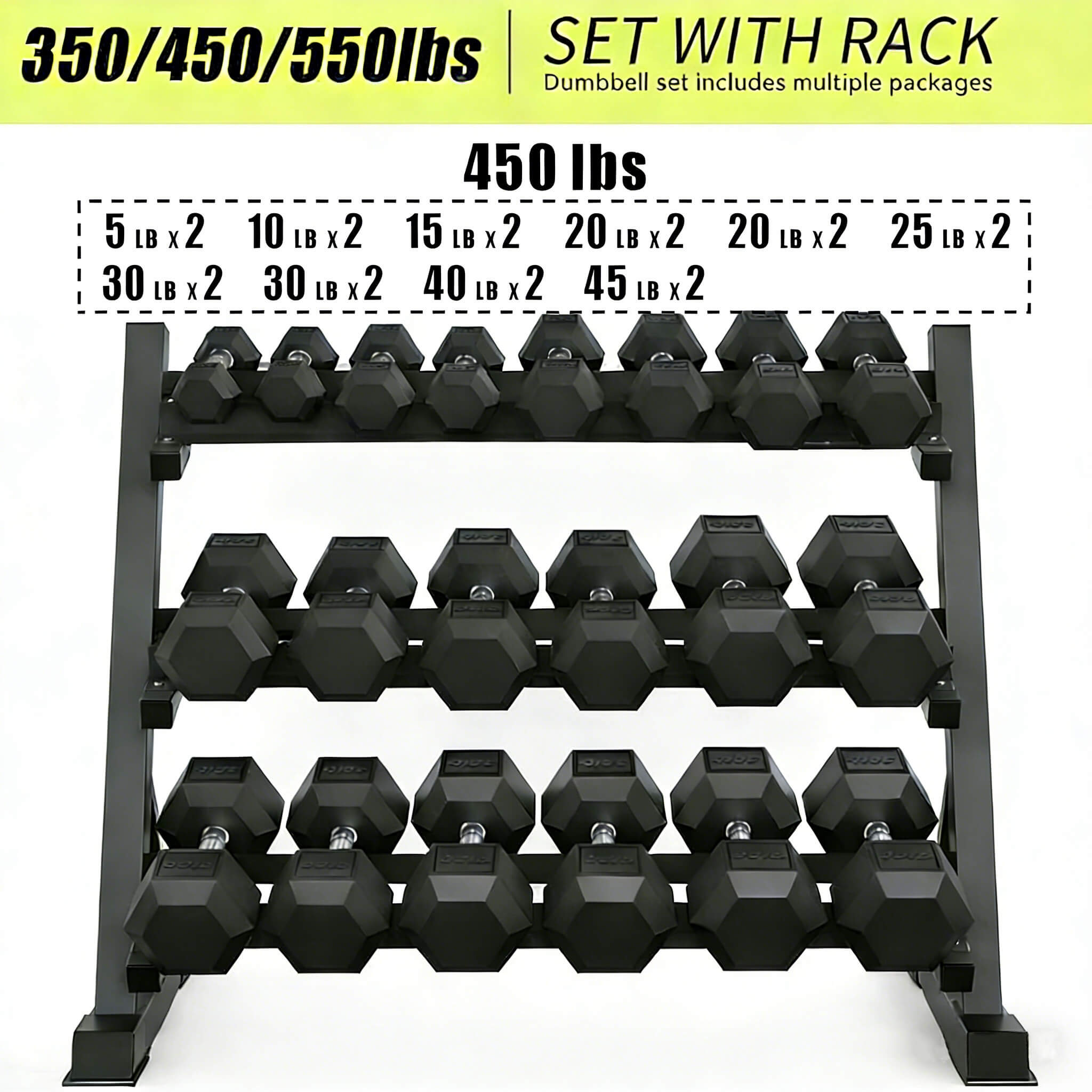 Rovix 450-Pounds Rubber Hex Dumbbell Set With Rack (SAK90714)