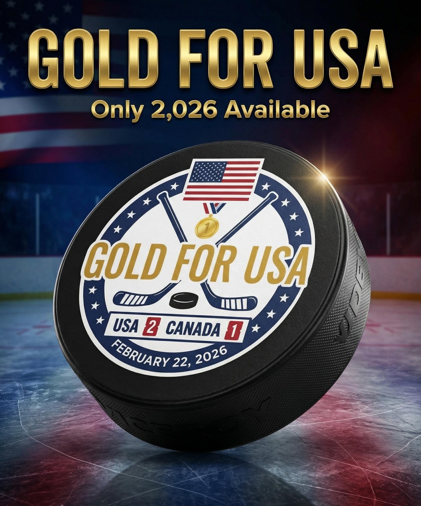 "Gold For USA" Commemorative Hockey Puck - Only 2,026 Available