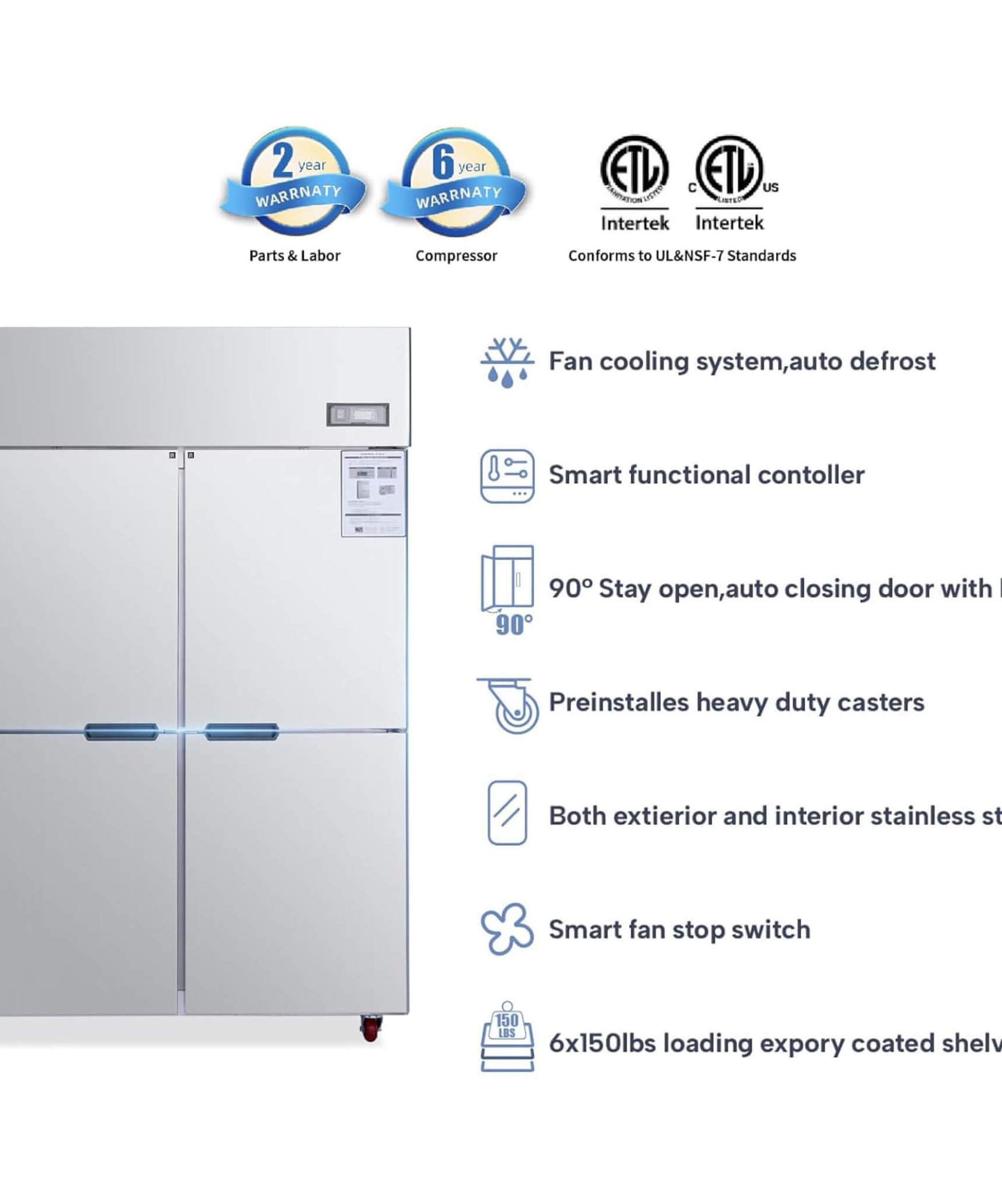 48-Inch Commercial 33 Cu.Ft Stainless Steel Reach-In Refrigerator With Four Split Doors (SAK83046)