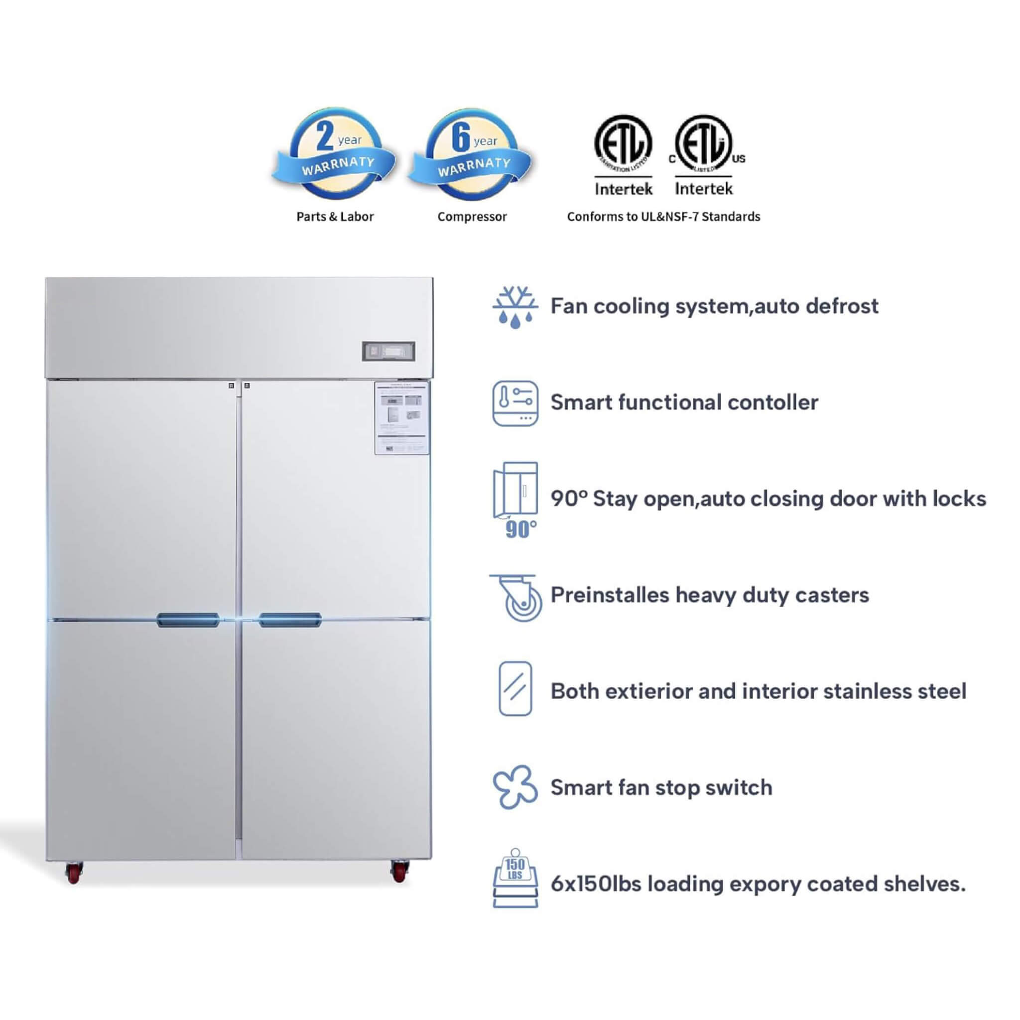 48-Inch Commercial 33 Cu.Ft Stainless Steel Reach-In Refrigerator With Four Split Doors (SAK83046)
