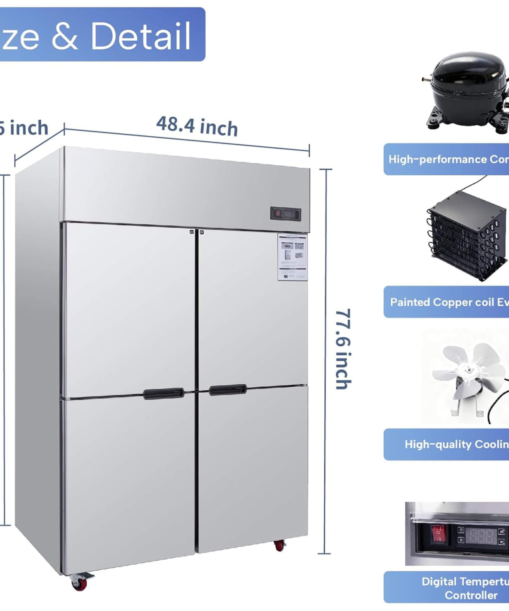 48-Inch Commercial 33 Cu.Ft Stainless Steel Reach-In Refrigerator With Four Split Doors (SAK83046)