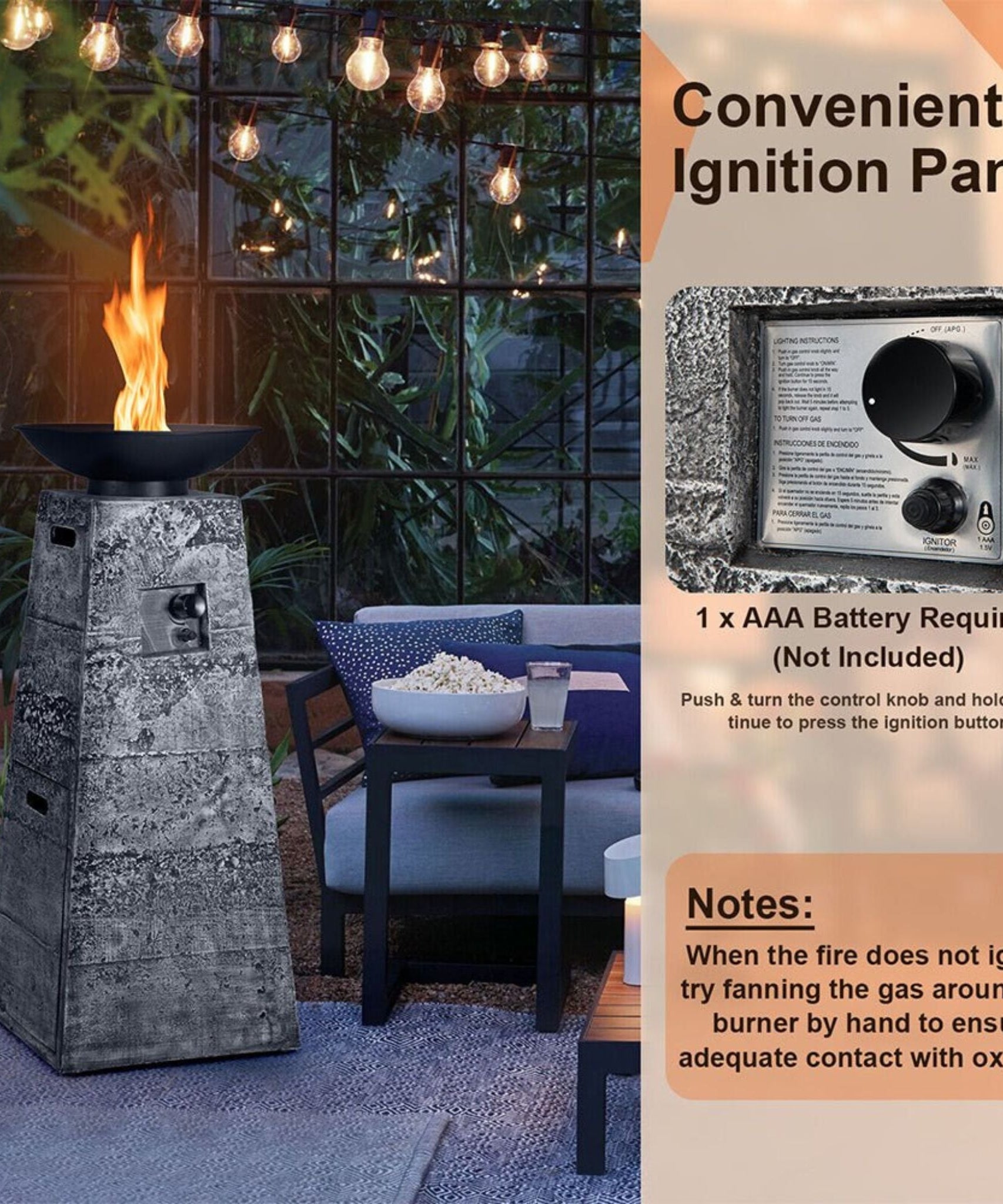 48-Inch Large Outdoor Propane Fire Bowl Column With Cover & Lava Rocks (SAK70938)