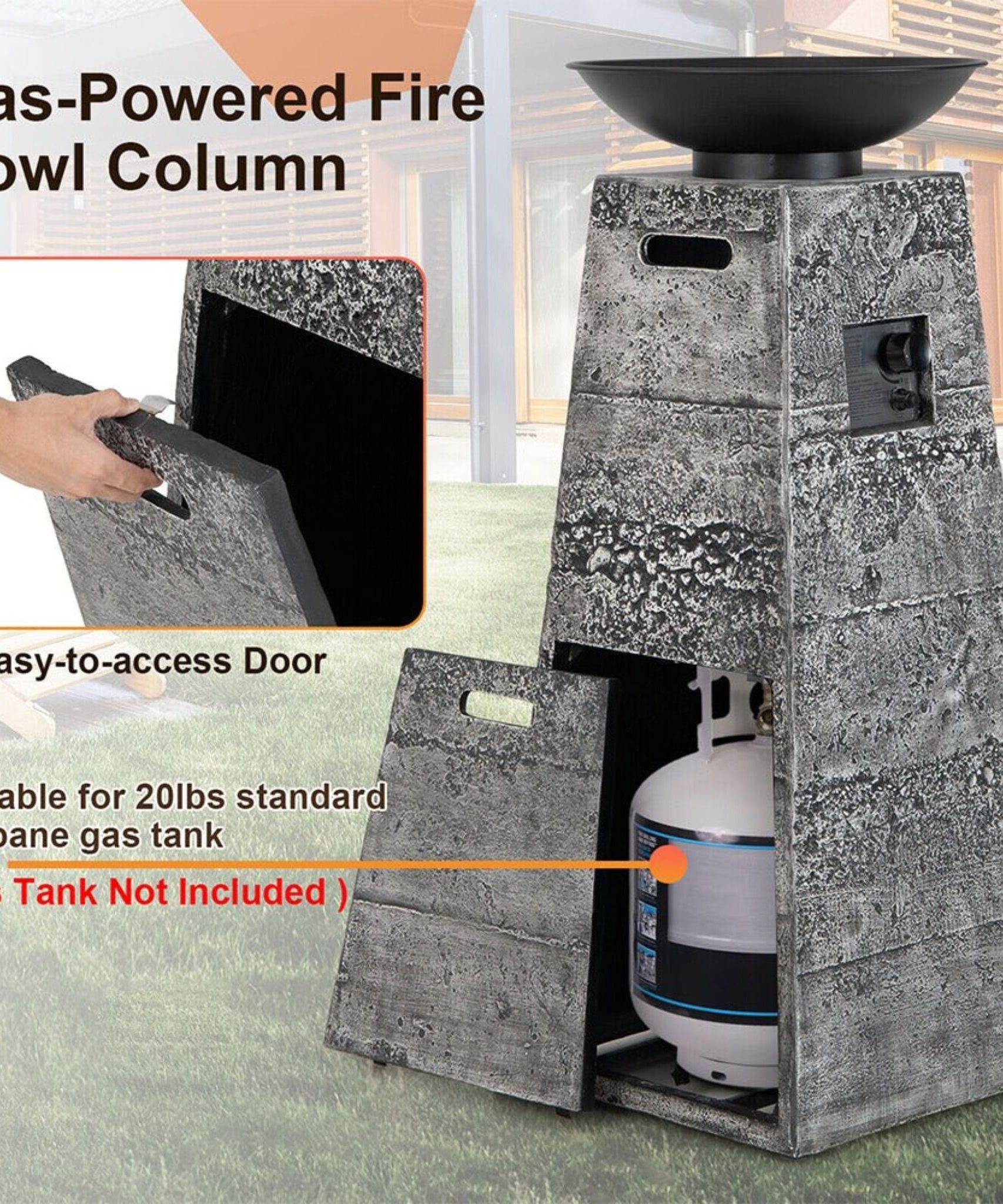 48-Inch Large Outdoor Propane Fire Bowl Column With Cover & Lava Rocks (SAK70938)