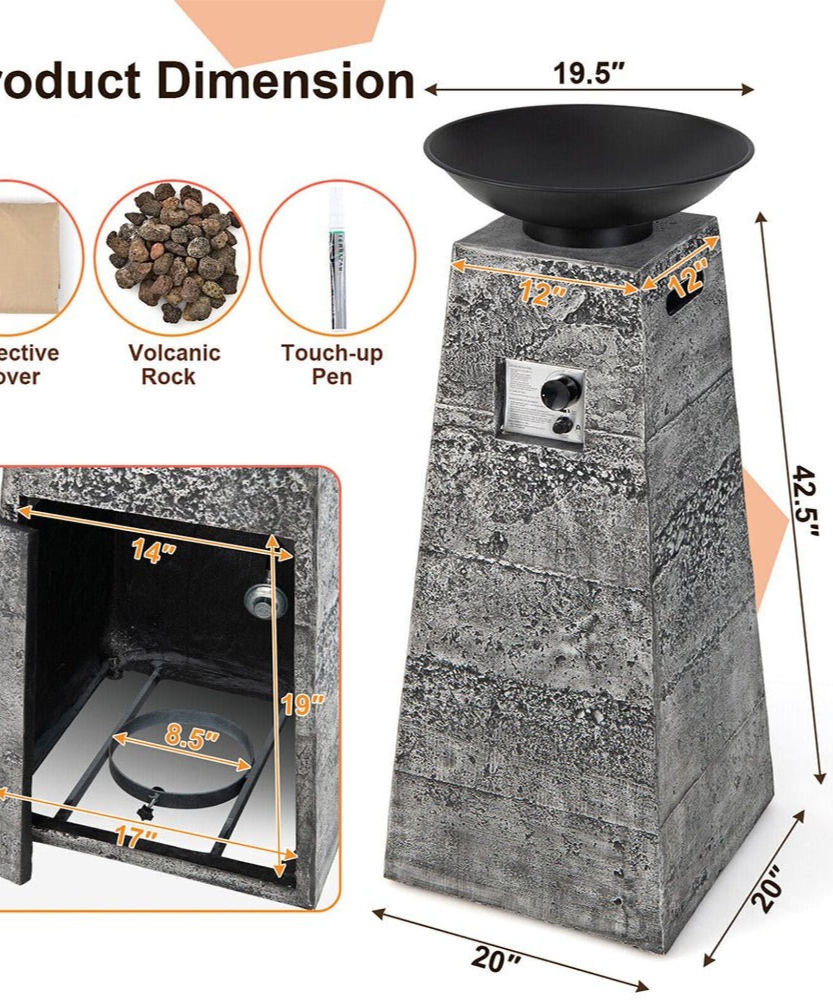 48-Inch Large Outdoor Propane Fire Bowl Column With Cover & Lava Rocks (SAK70938)