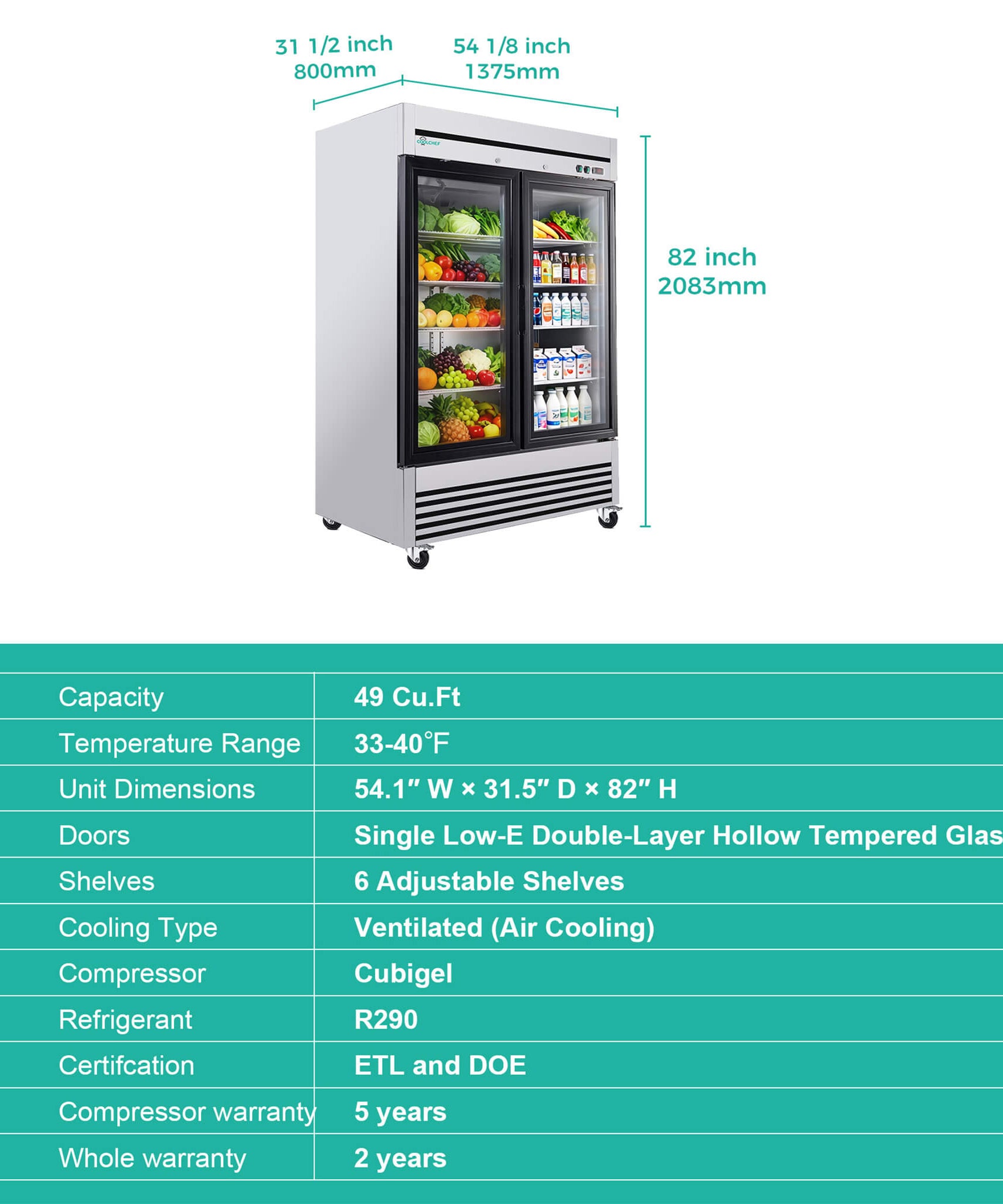 49-Inch Upright Commercial Reach-In Display Refrigerator (SAK16785)
