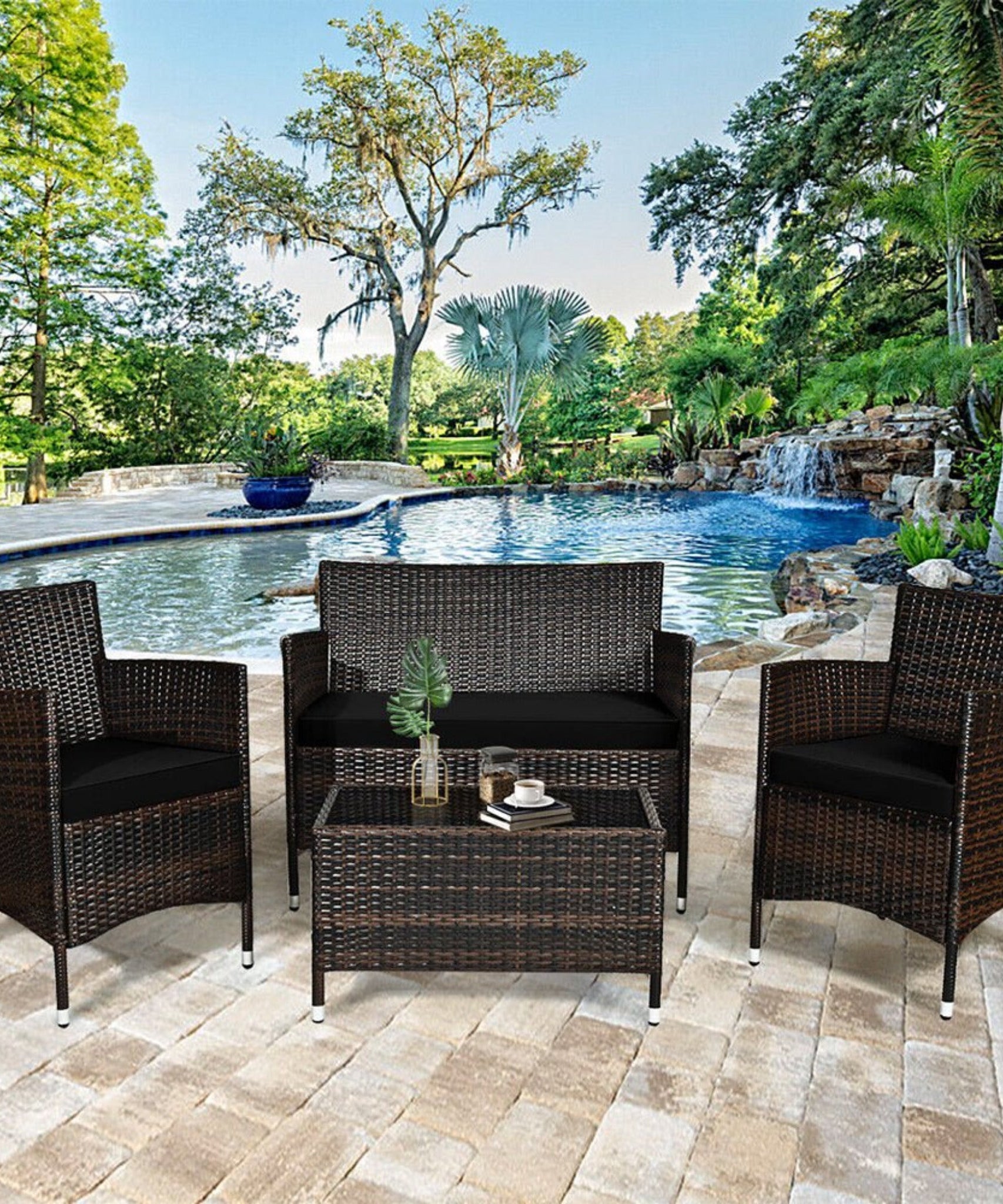 Alora 4-Piece Outdoor Rattan Patio Furniture Set With Cushions & Coffee Table (SAK75463)